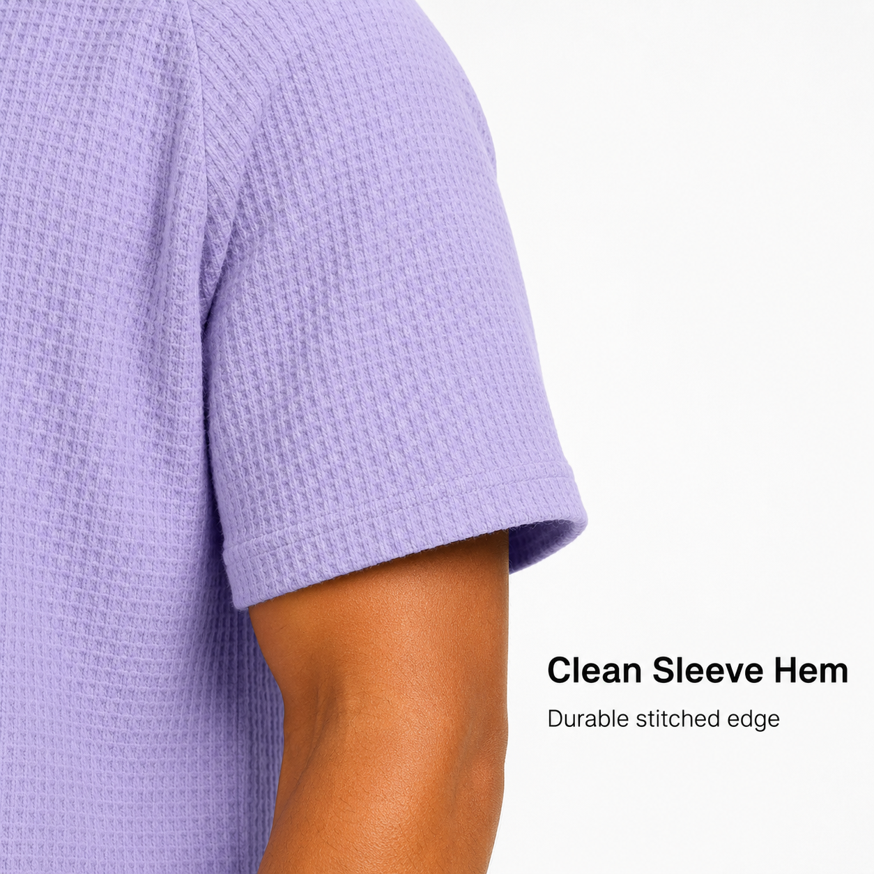 Clean sleeve hem on lavender waffle-knit T-shirt