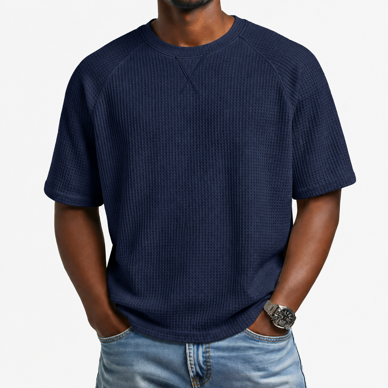Navy Blue men's waffle-knit crewneck short sleeve T-shirt