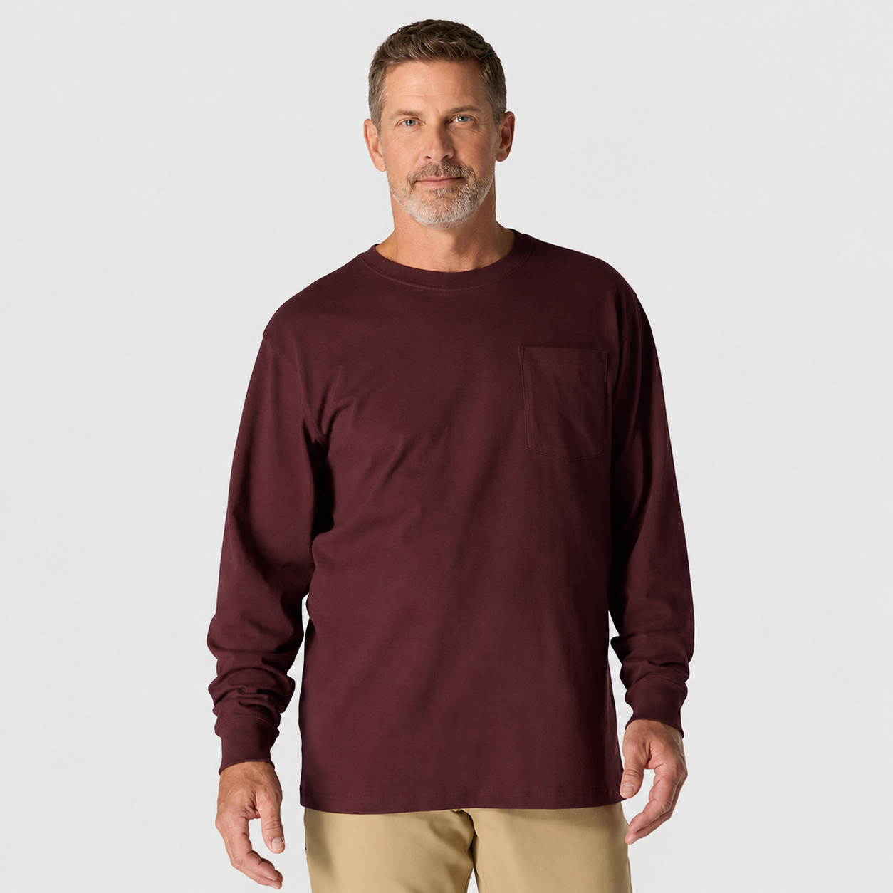 Burgundy relaxed-fit long-sleeve pocket T-shirt