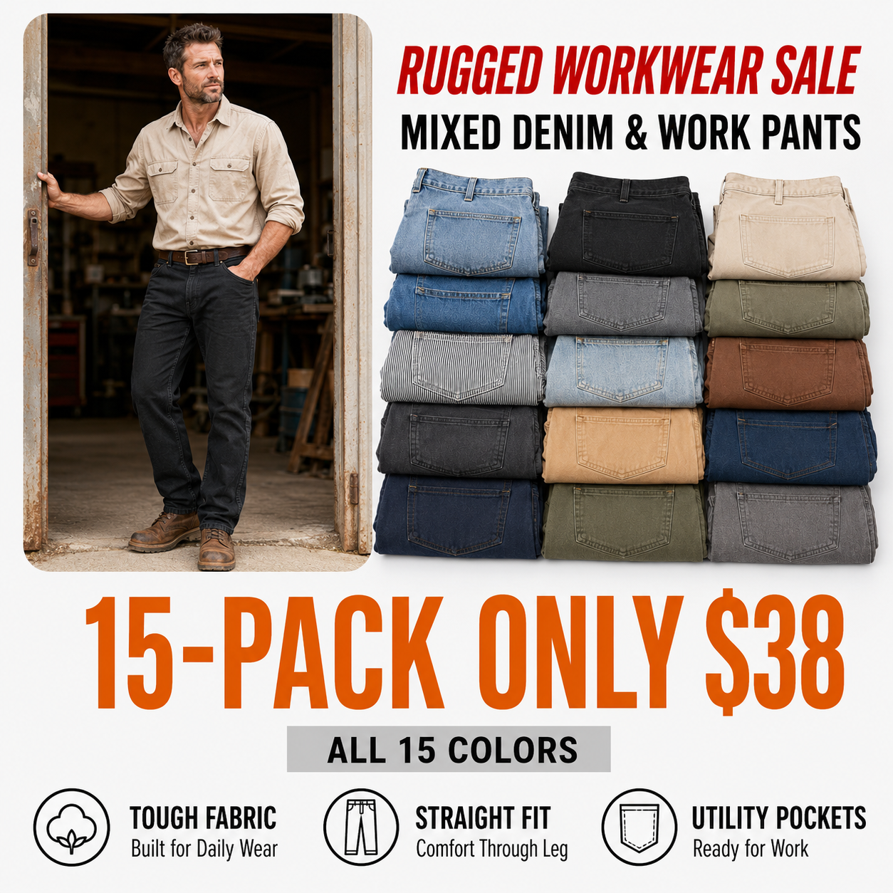 Men's Relaxed Washed Utility Work Pants with 7 Pockets
