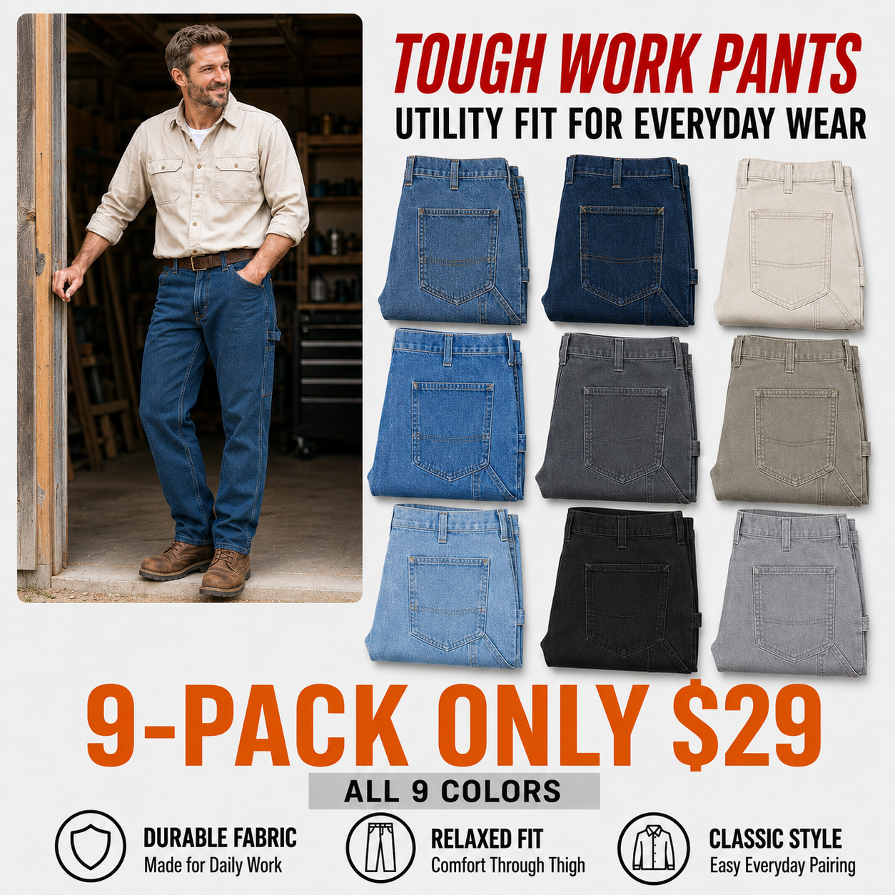 Men's Relaxed Washed Utility Work Pants with 7 Pockets