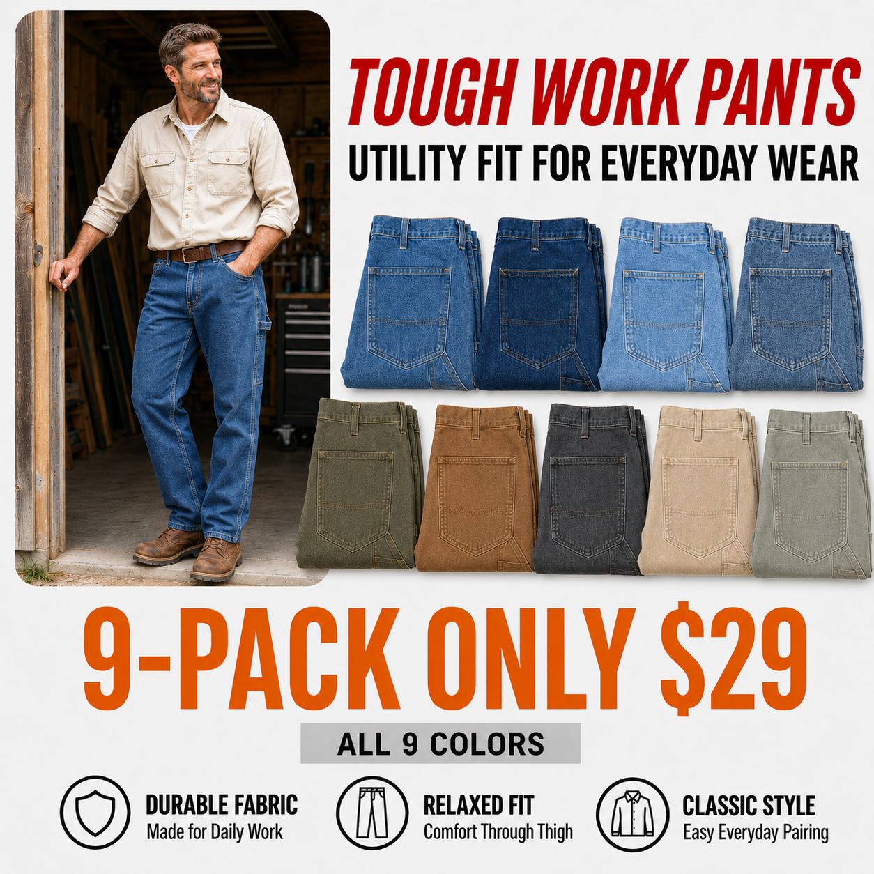 Men's Relaxed Washed Utility Work Pants with 7 Pockets