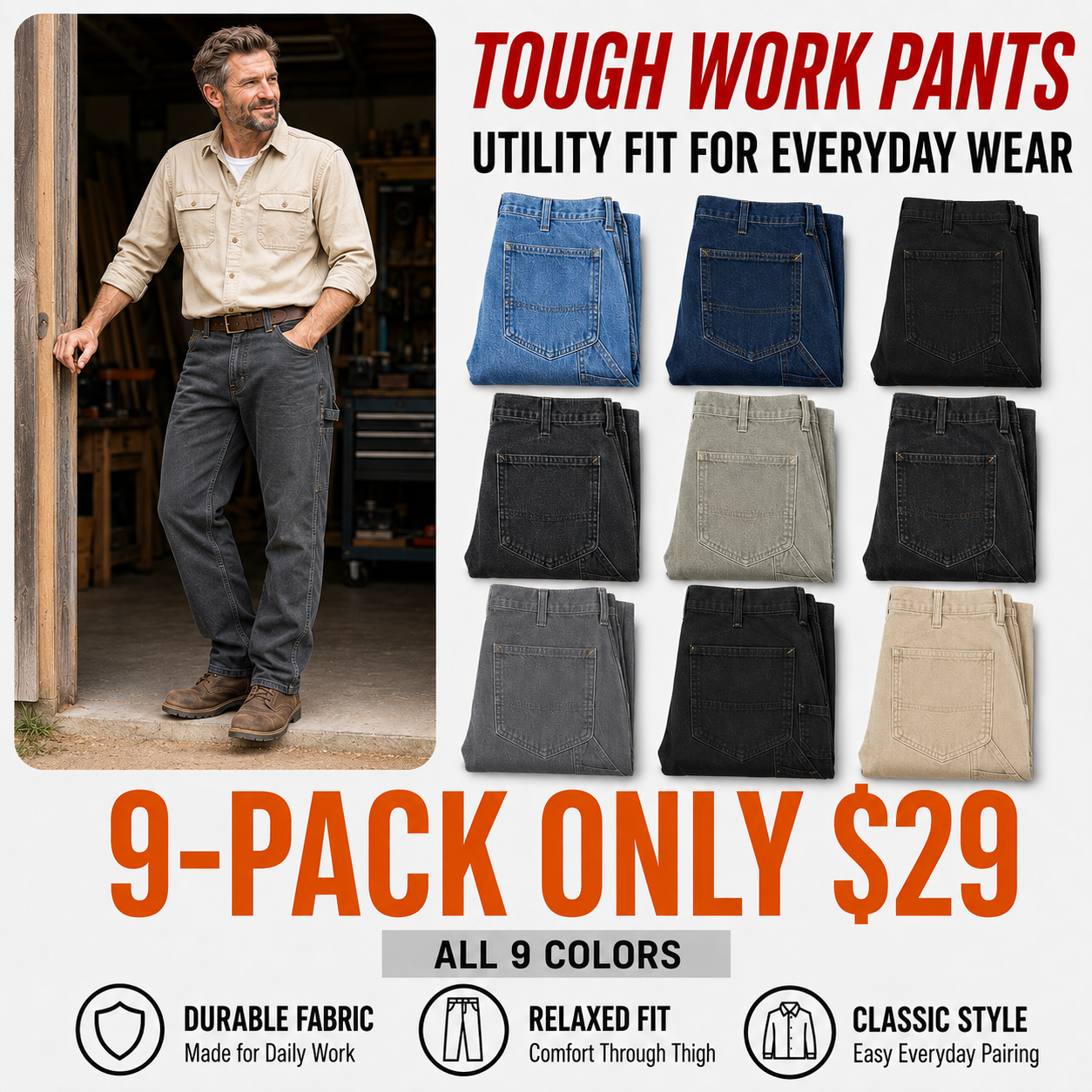Men's Relaxed Washed Utility Work Pants with 7 Pockets
