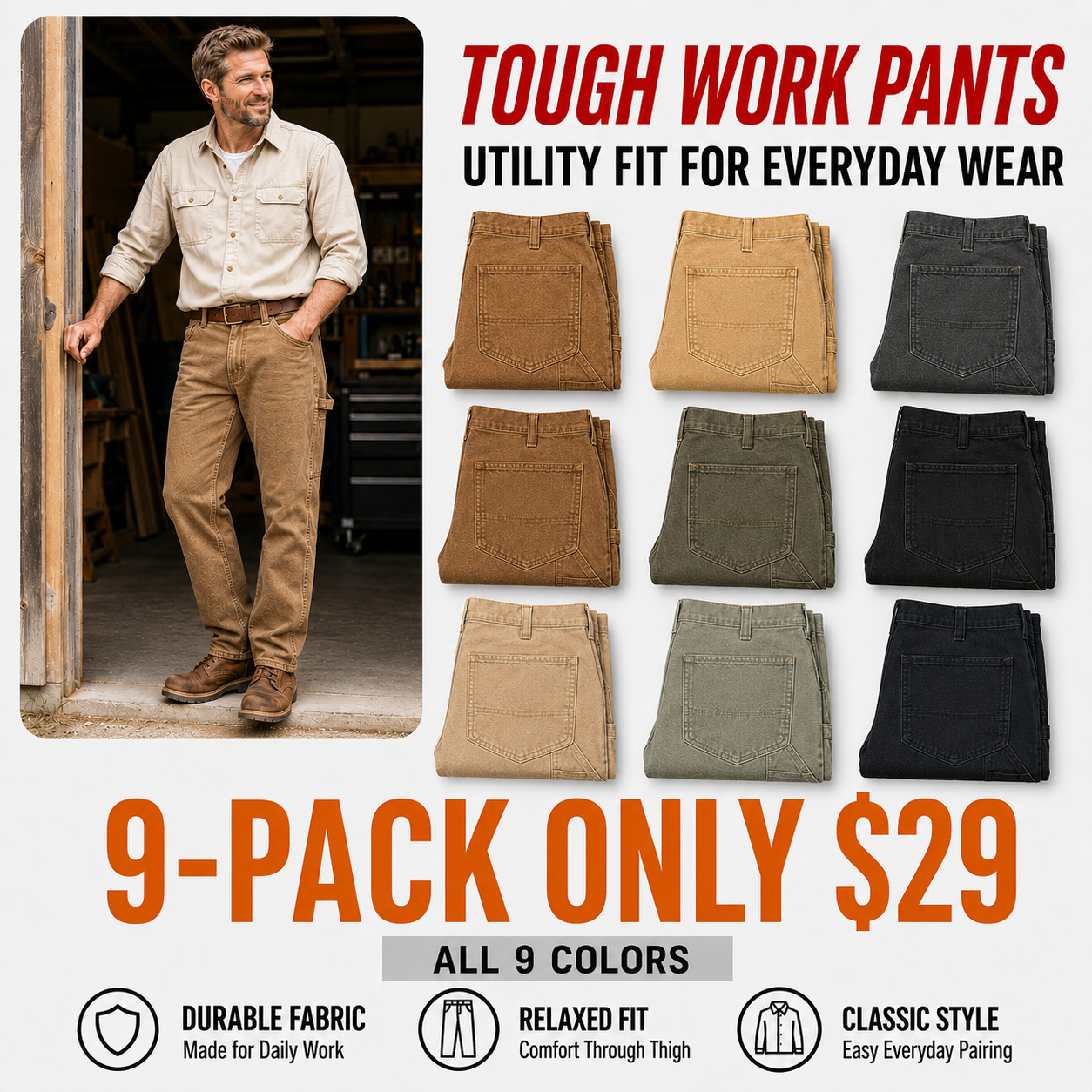 Men's Relaxed Washed Utility Work Pants with 7 Pockets