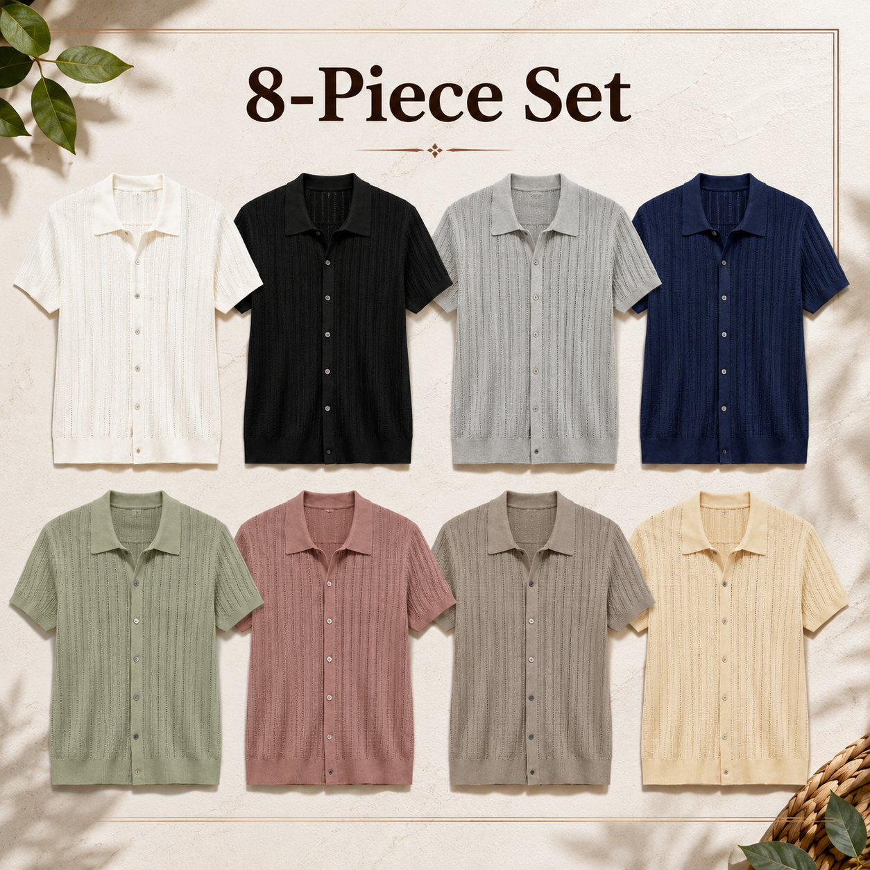 Mixed 8-piece set of openwork knit button-up shirts