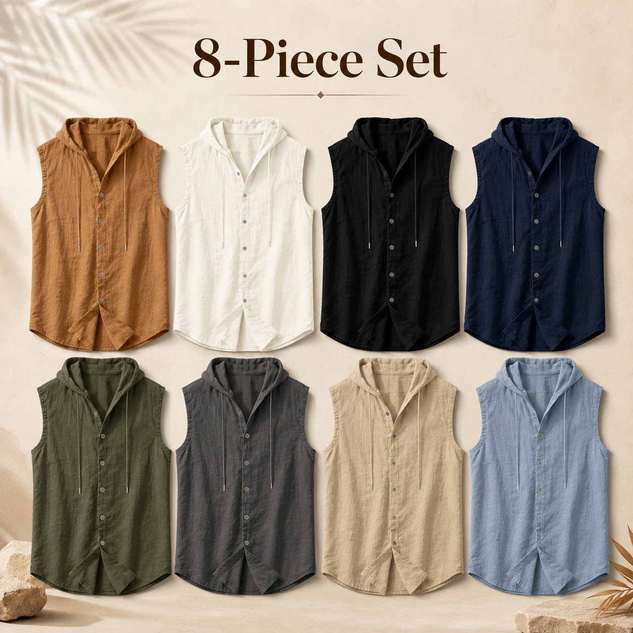 Men's sleeveless hooded button-up shirt mixed 8-pack