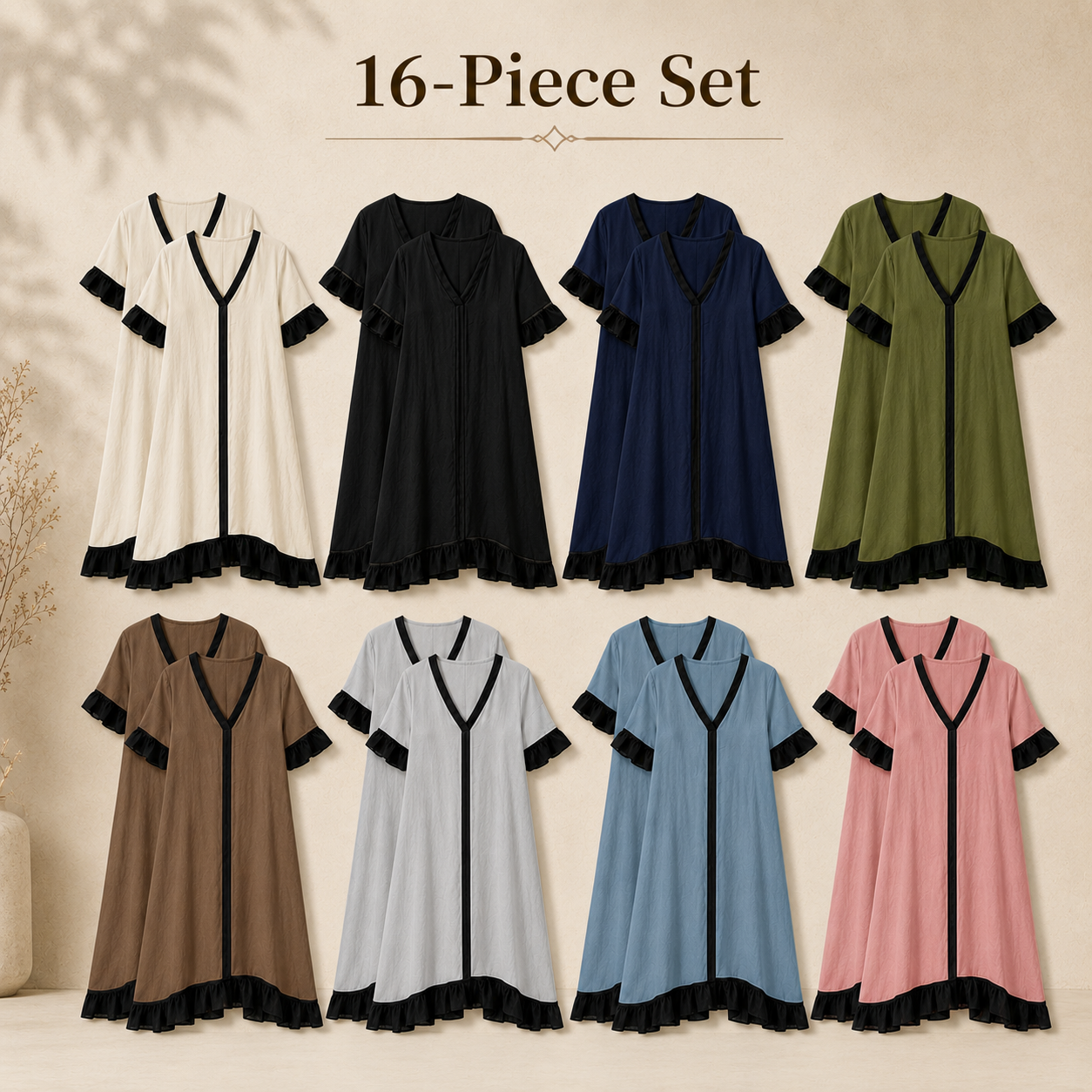 Mixed 16-Pack contrast V-neck ruffle hem maxi dress set