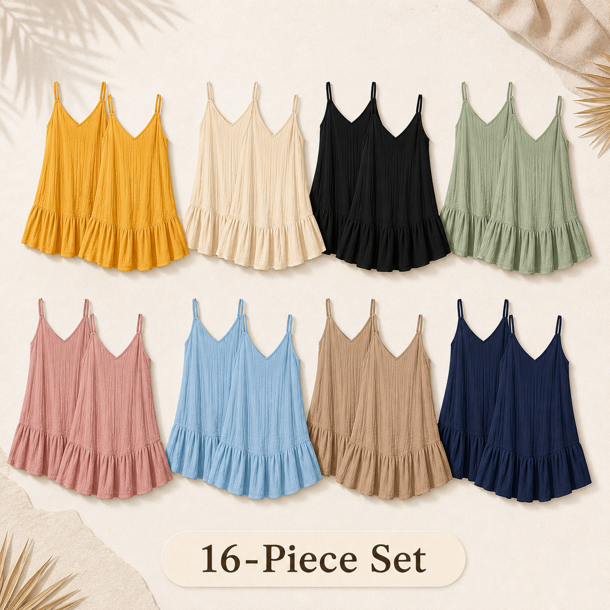Mixed 16-pack flat lay of V-neck crinkled ruffle hem mini dresses