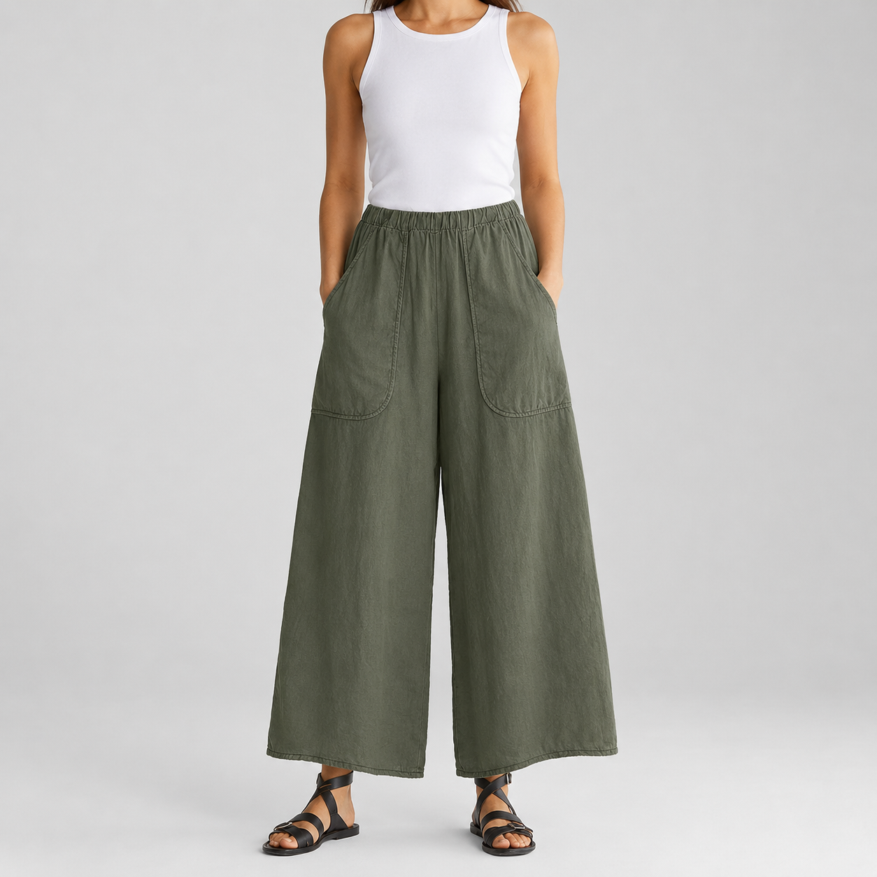 Olive sage women's wide-leg pull-on pants front view