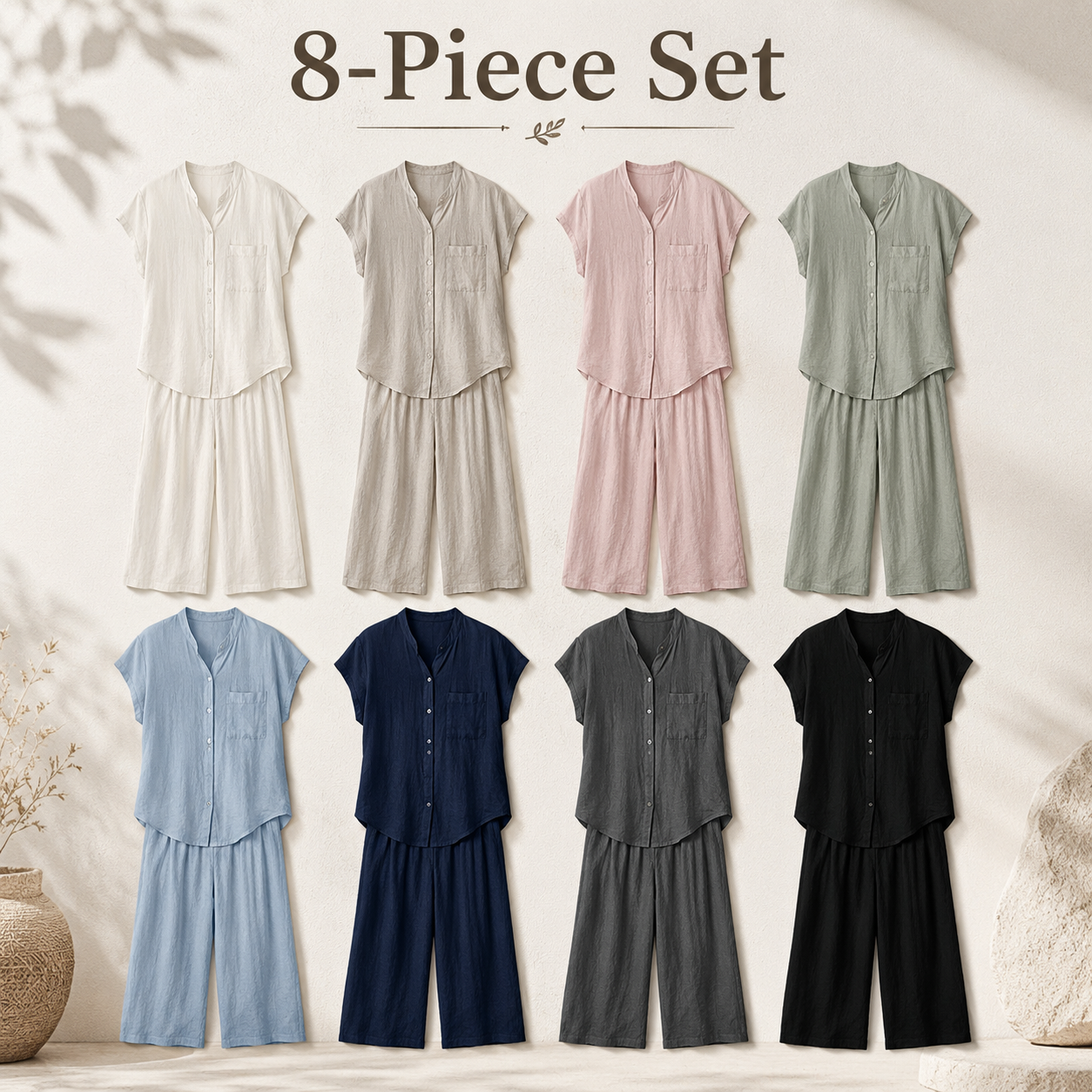 Mixed 8-Pack package image for relaxed linen-look two-piece sets