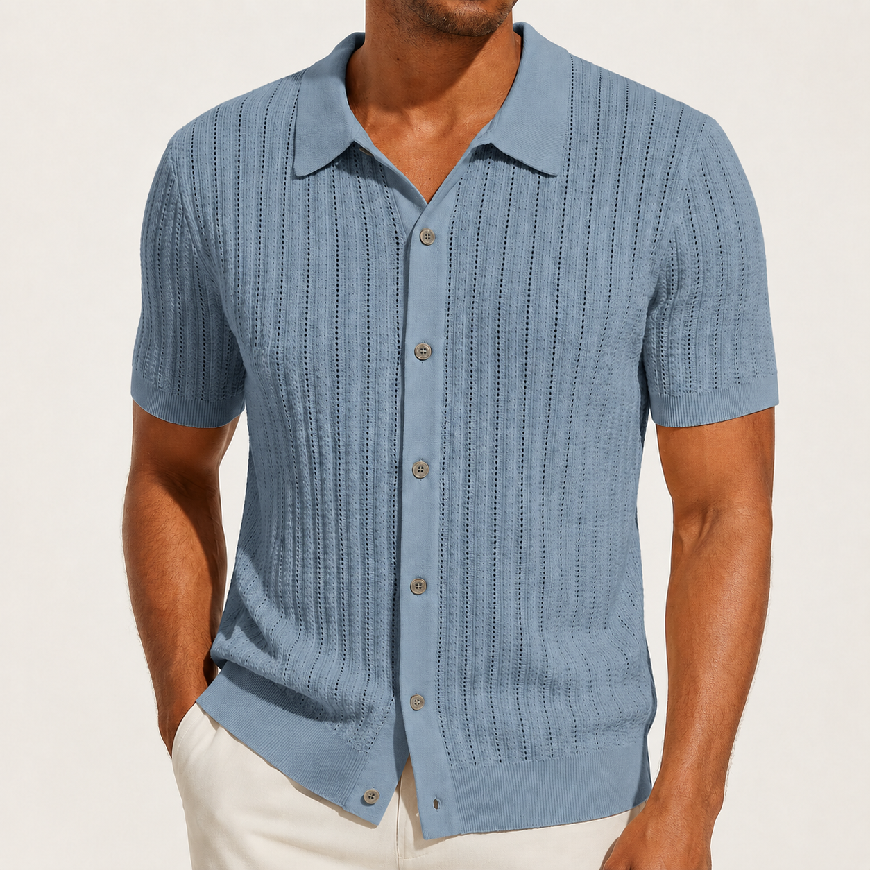 Dusty Blue openwork knit button-up shirt