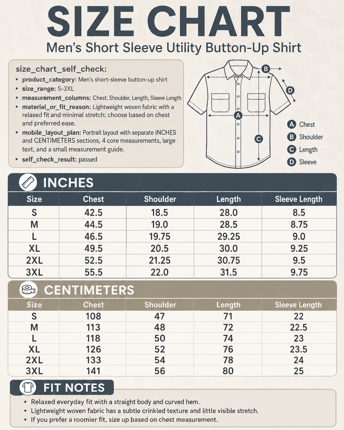 Fit guide image for men's short sleeve utility button-up shirt