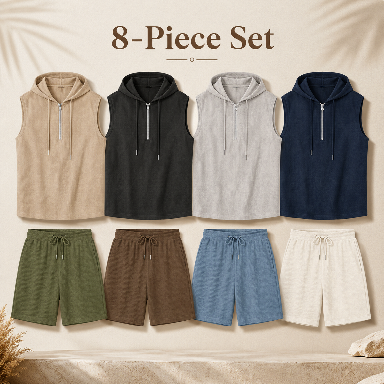Mixed 8-Pack package image for men's sleeveless half zip hoodie and shorts set