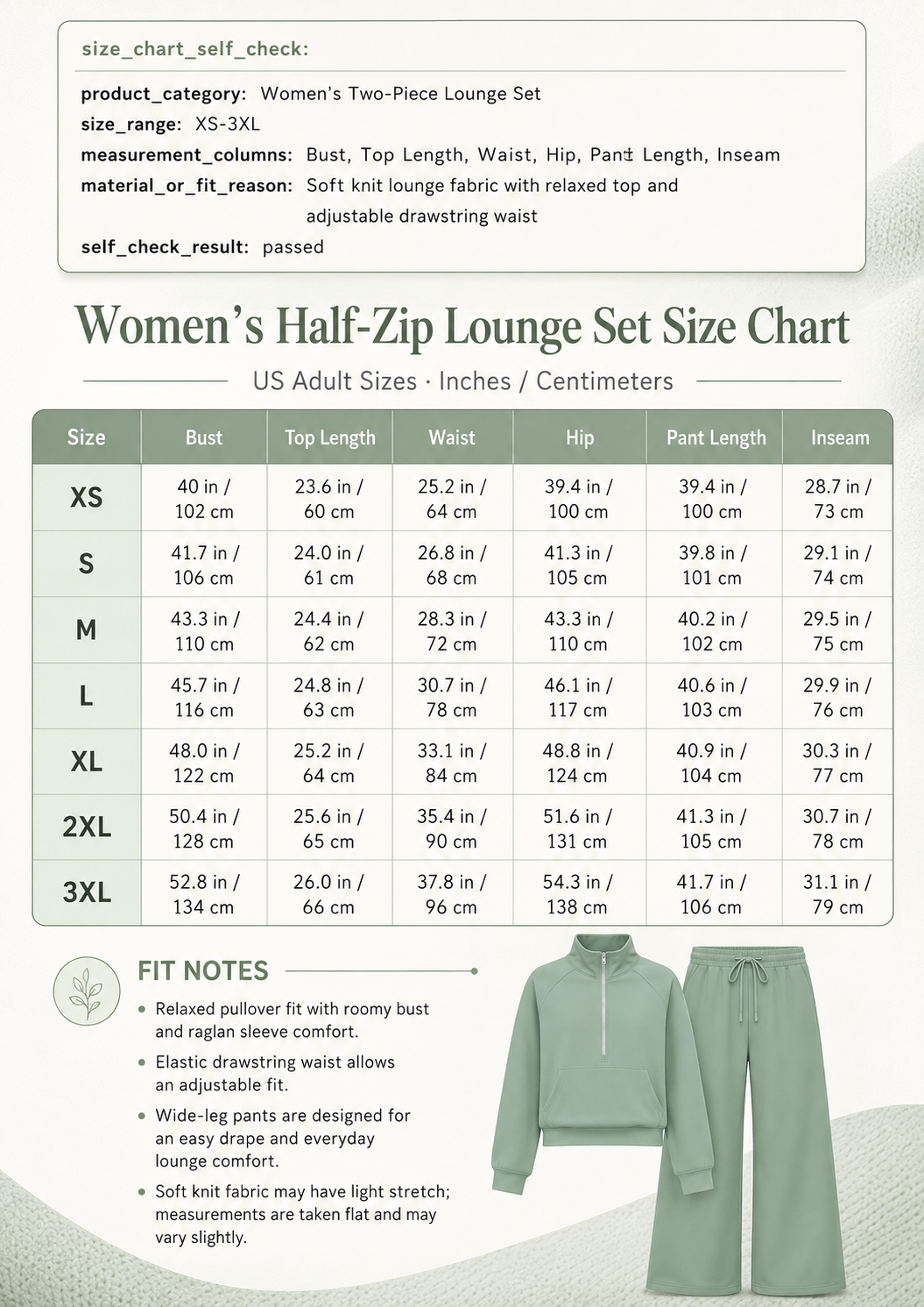 Women's half zip lounge set size chart
