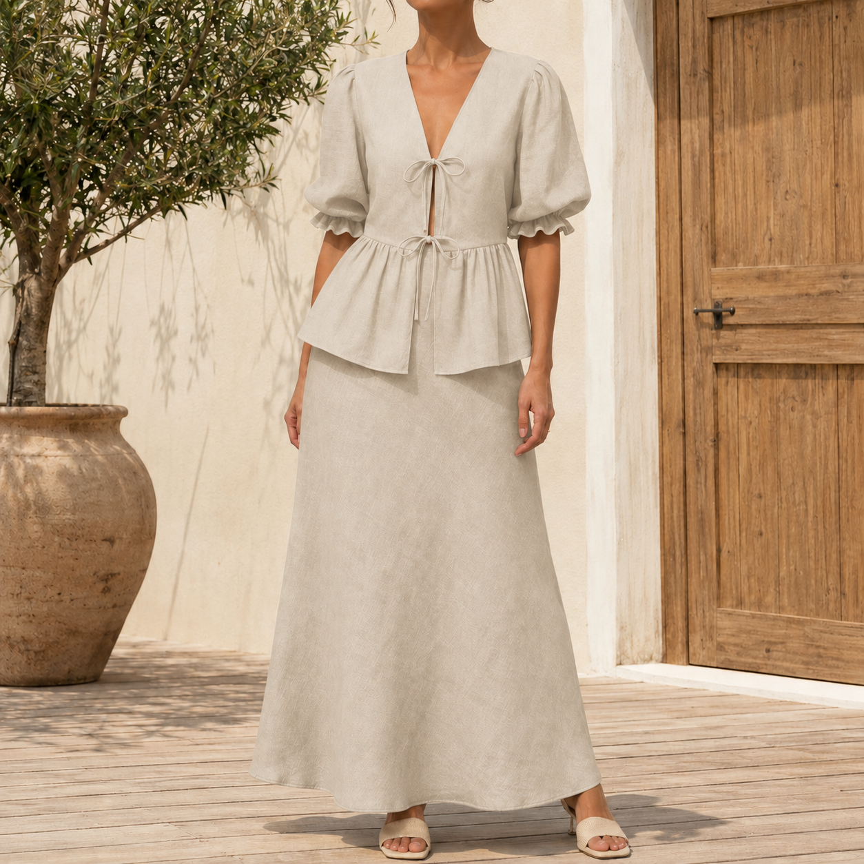 Light taupe tie front puff sleeve top and maxi skirt on model