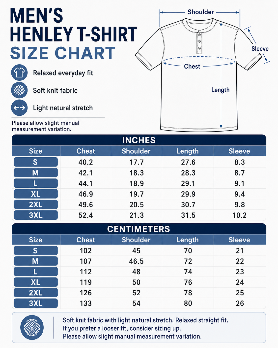 Men's henley T-shirt size guide