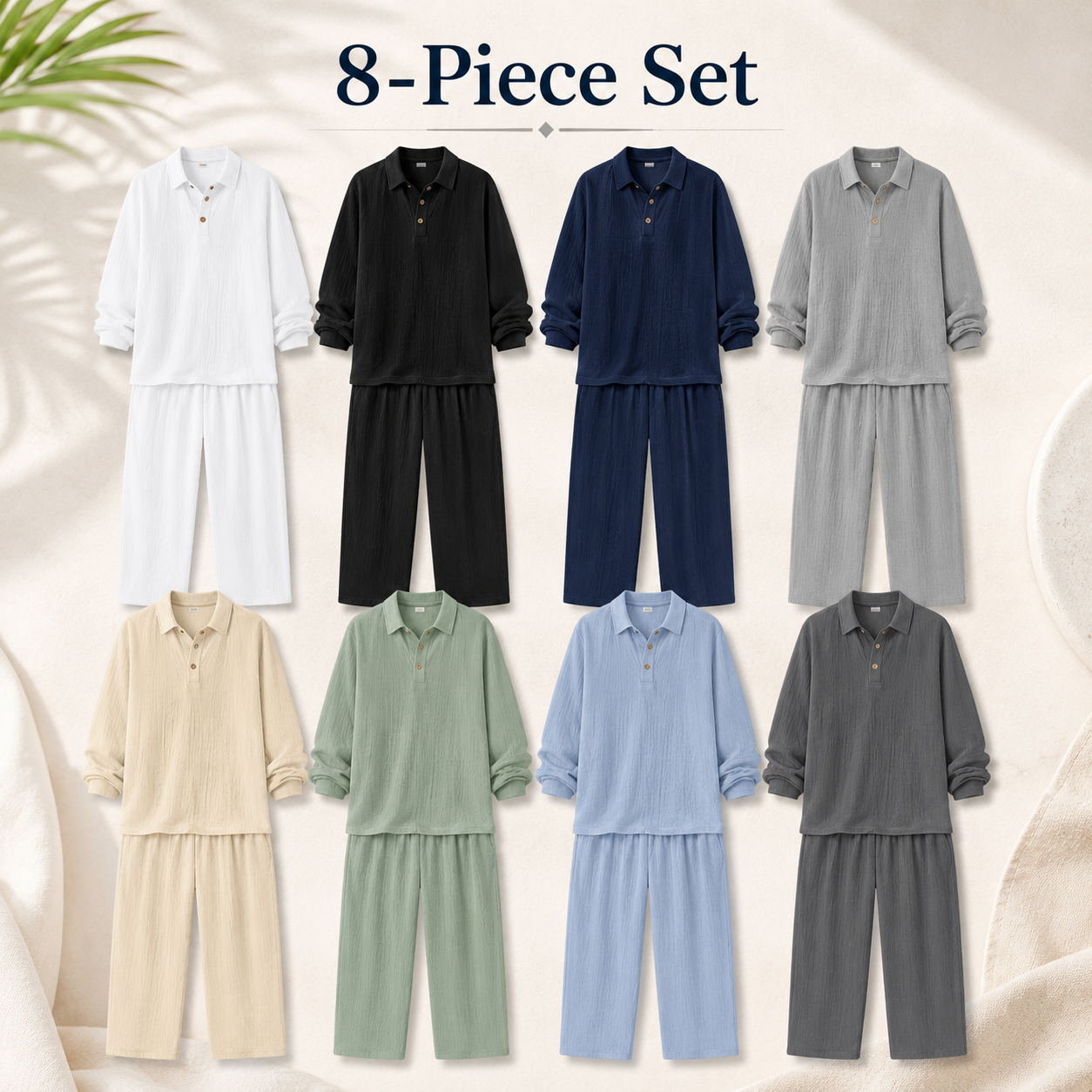Mens textured henley shirt and drawstring pants 8-piece set