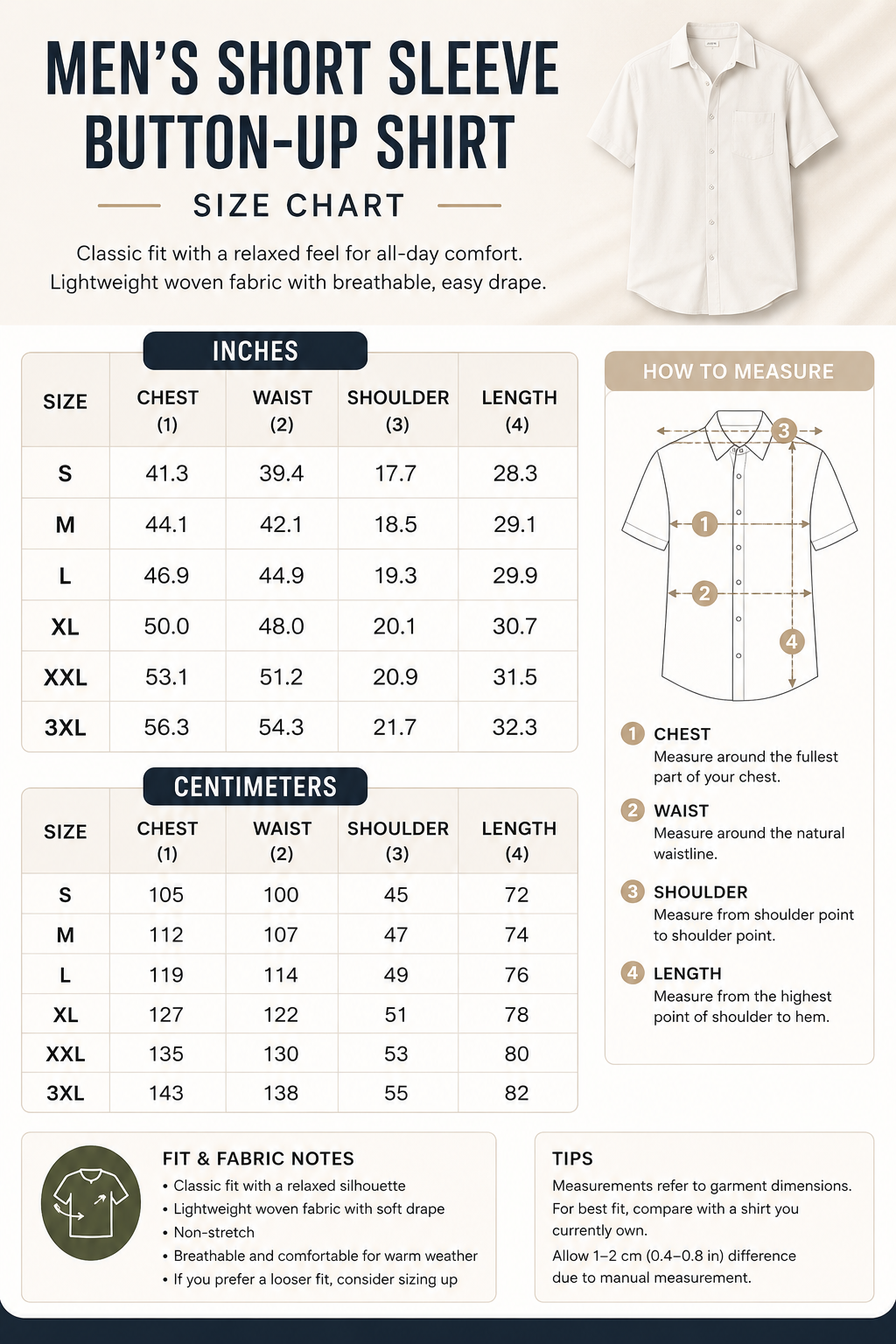 Men's short sleeve button-up shirt size chart