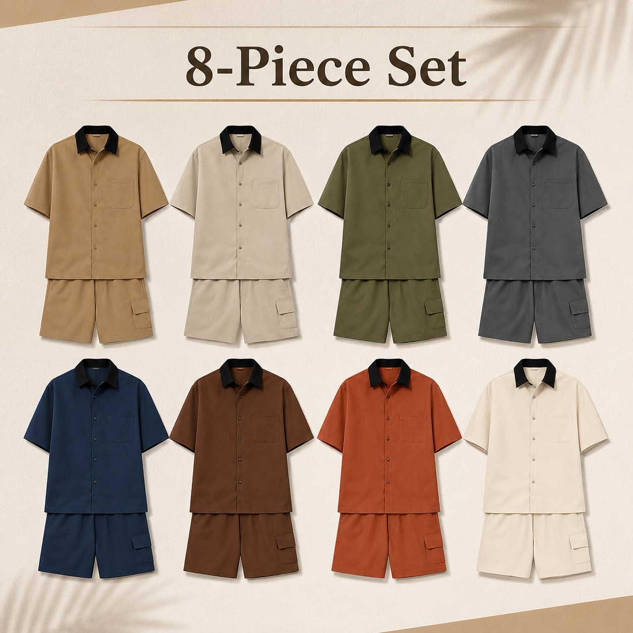 Mixed 8-Pack men's relaxed shirt and cargo shorts set