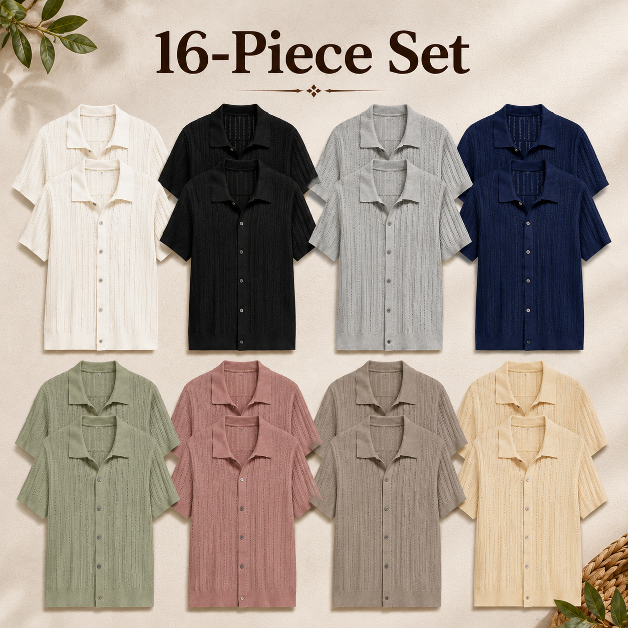 Mixed 16-piece set of openwork knit button-up shirts