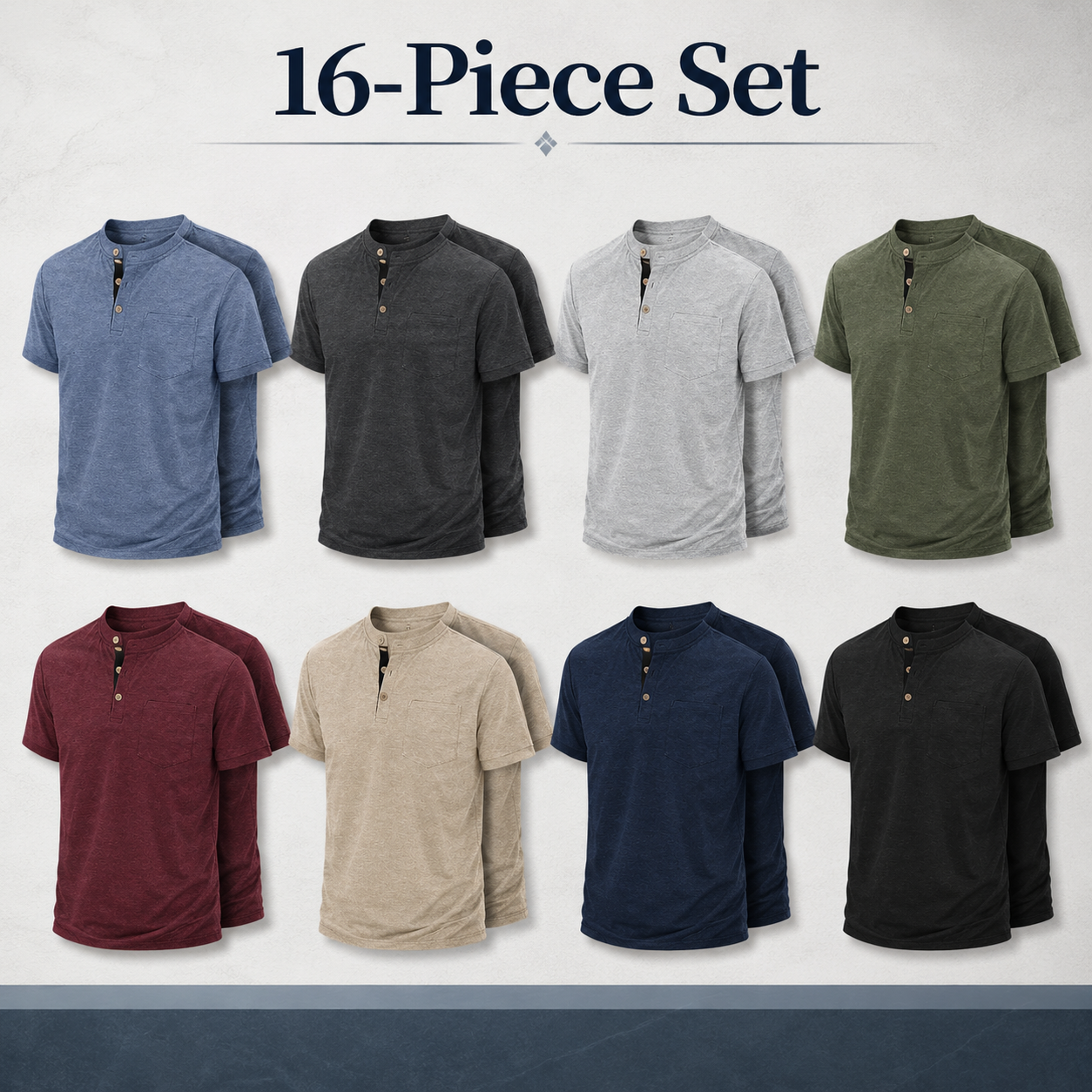 Men’s heathered Henley T-shirt 16-piece set in mixed colors