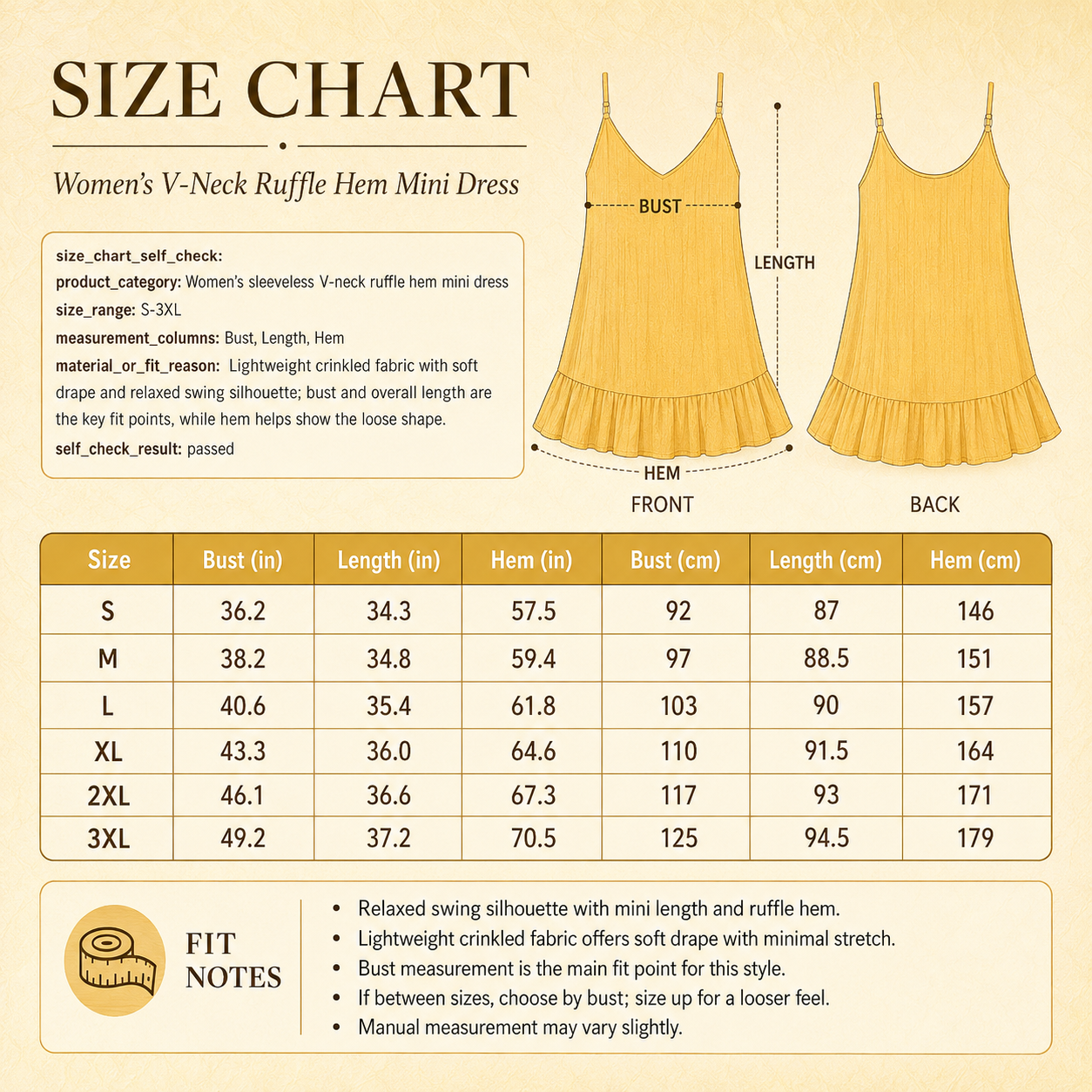 Size chart for women's V-neck ruffle hem mini dress