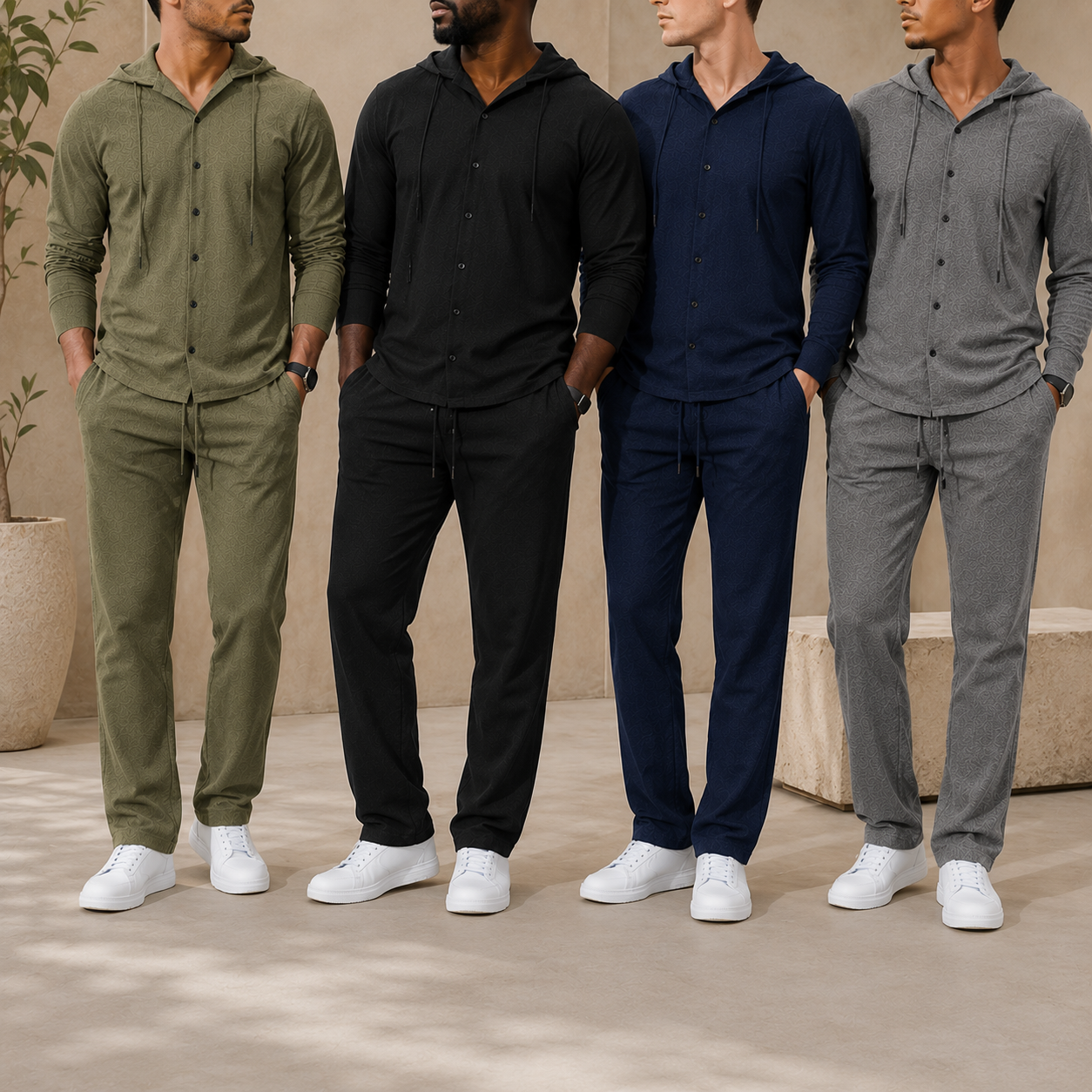 Men's textured hooded button two piece set group photo