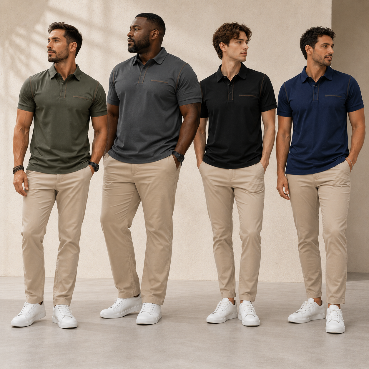 Men wearing polo shirts in multiple colors