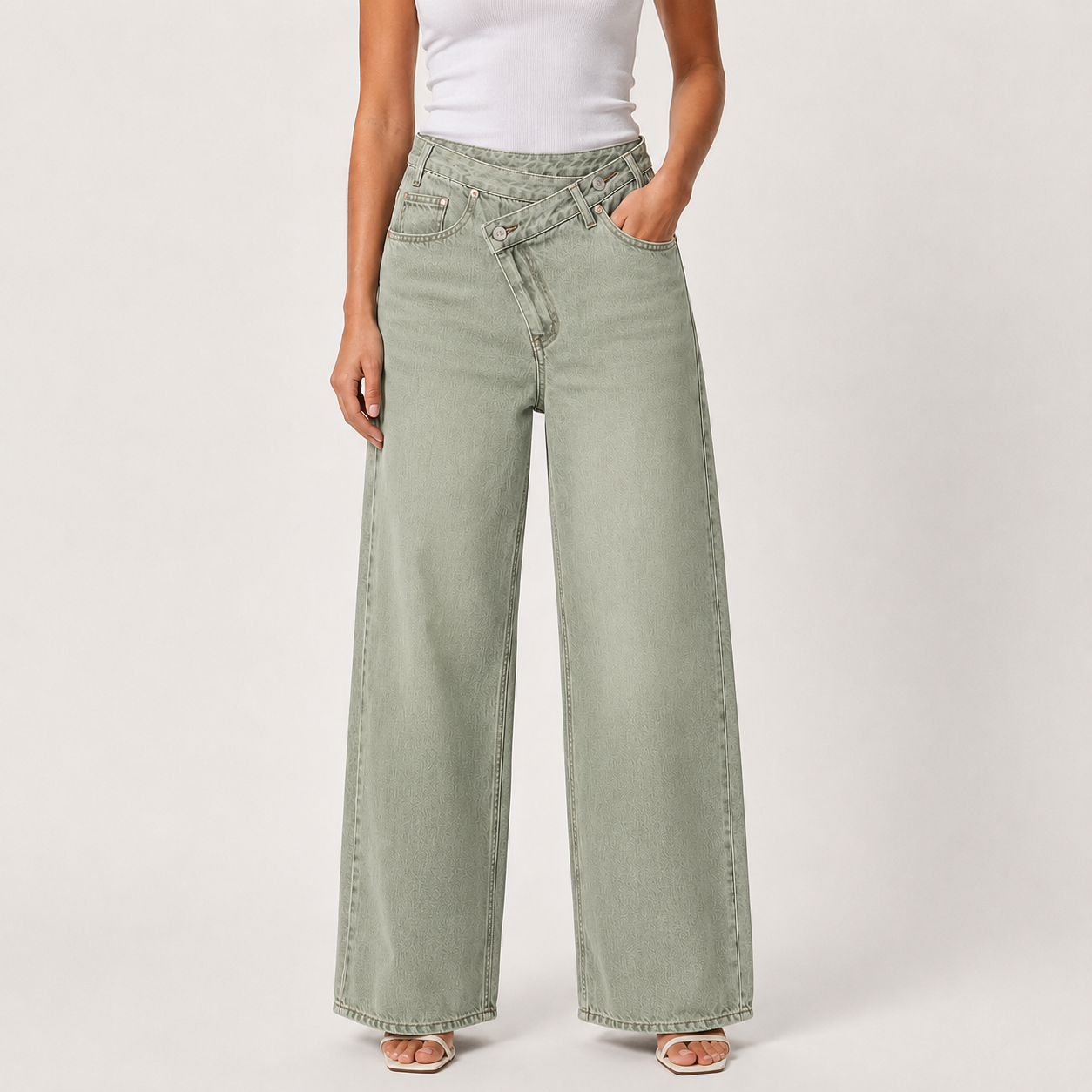 Sage green asymmetric wide leg denim jeans