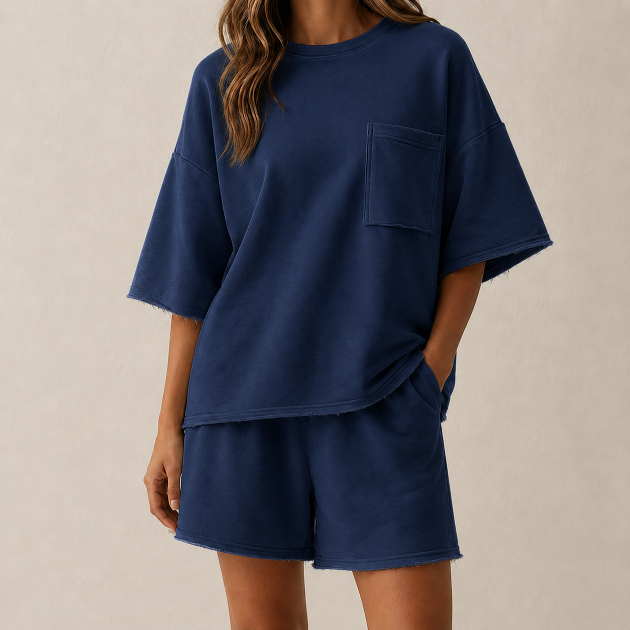 Navy Blue oversized short sleeve lounge set model image