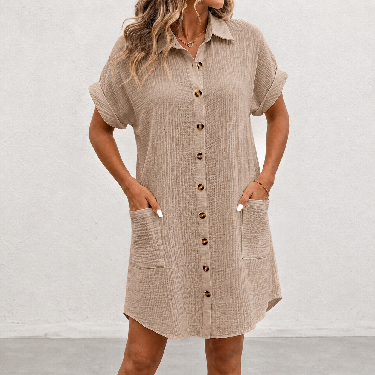 Warm taupe crinkle button down shirt dress