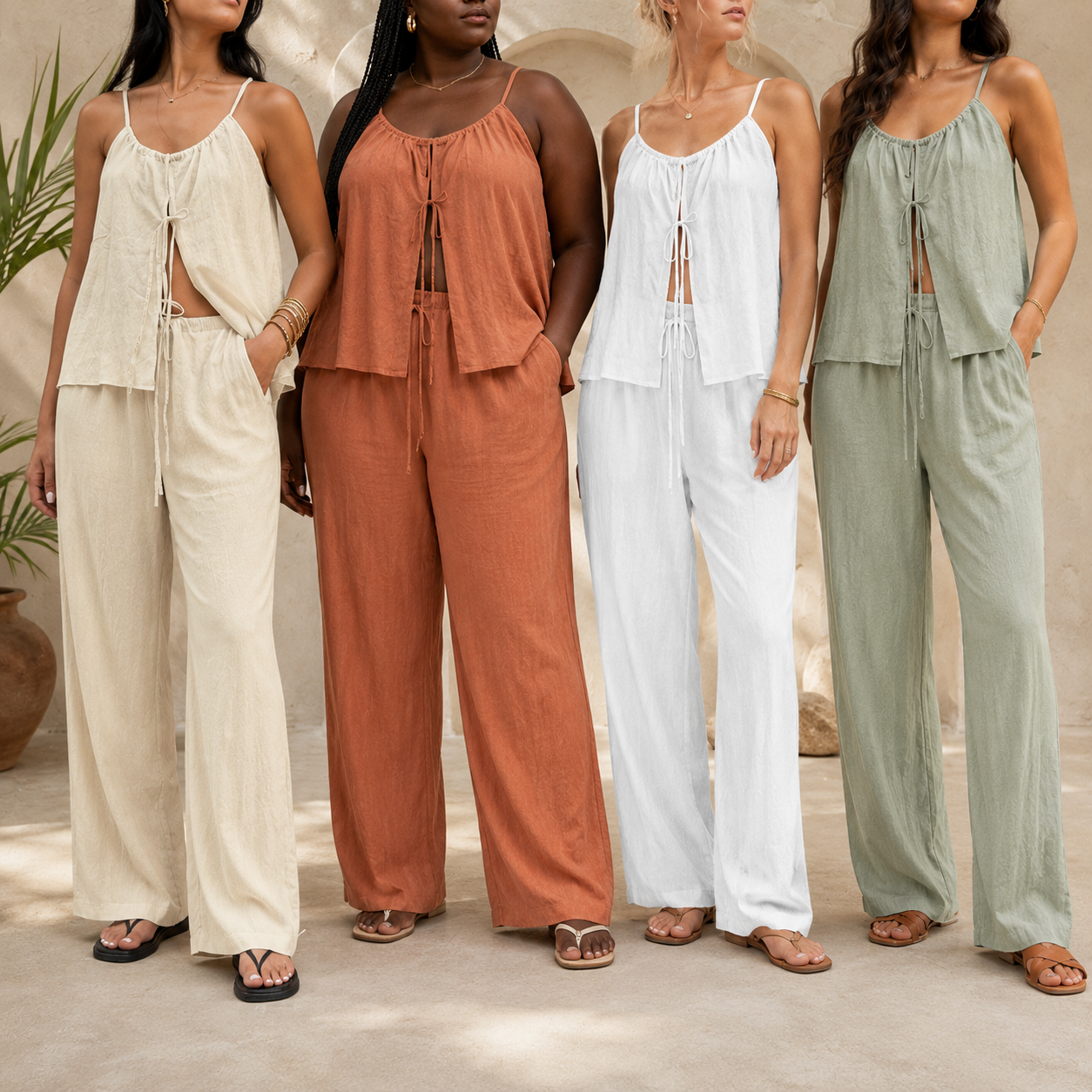 Group photo of women wearing the textured two-piece set