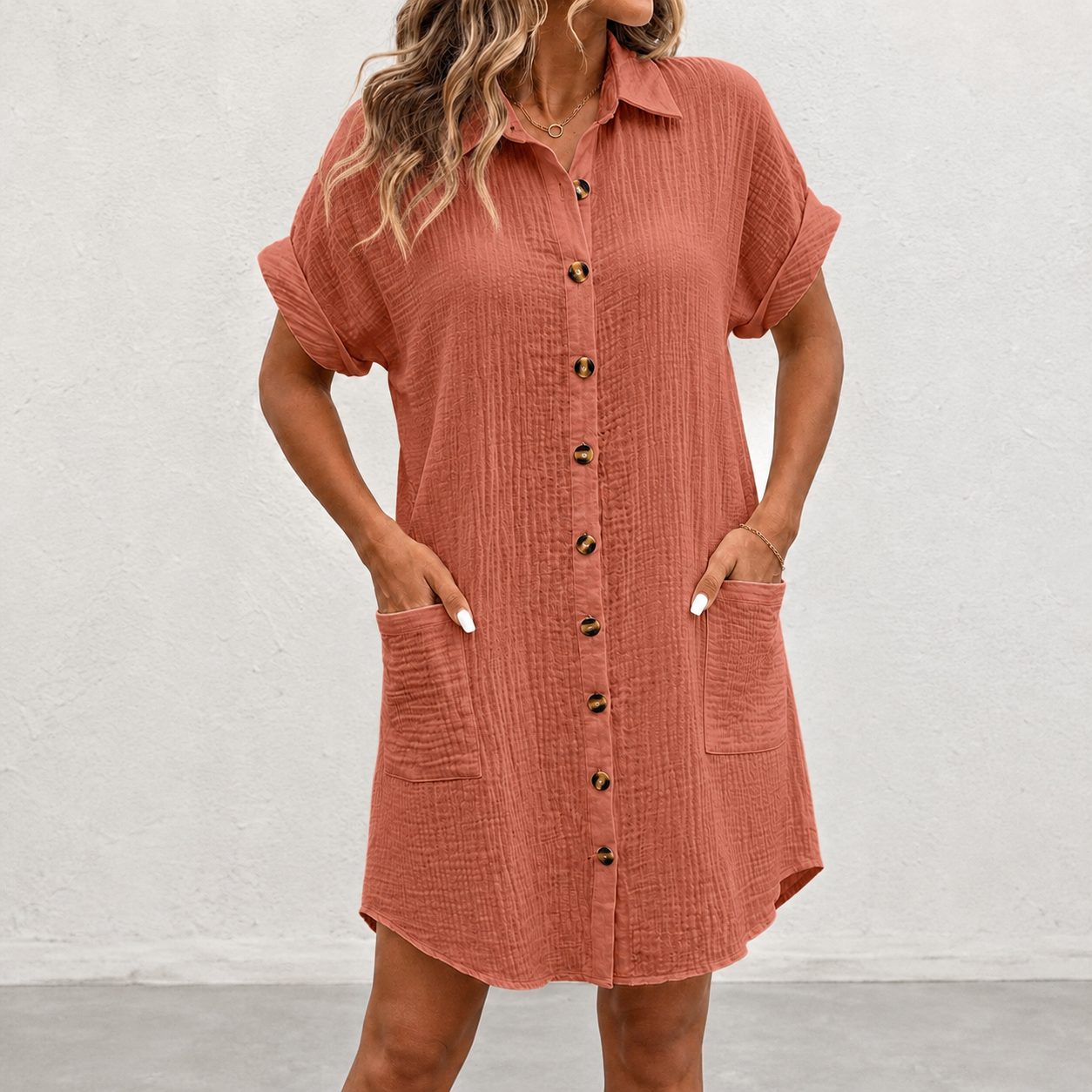 Terracotta clay crinkle button down shirt dress