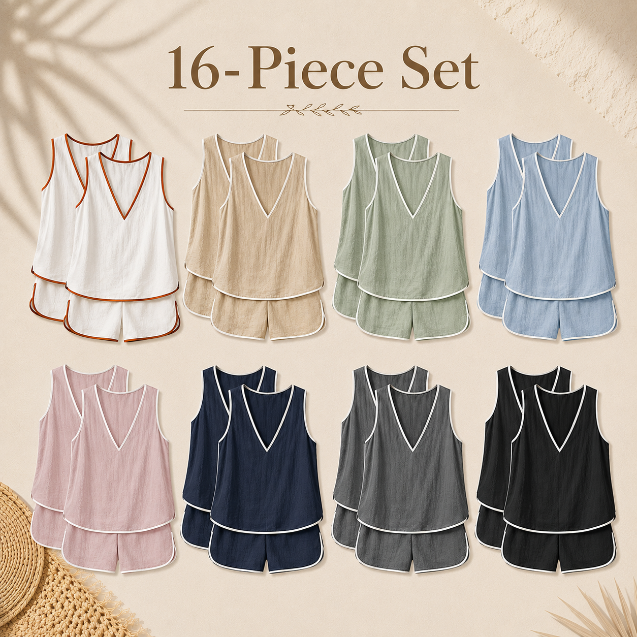 Mixed 16-Pack textured V-neck lounge shorts set