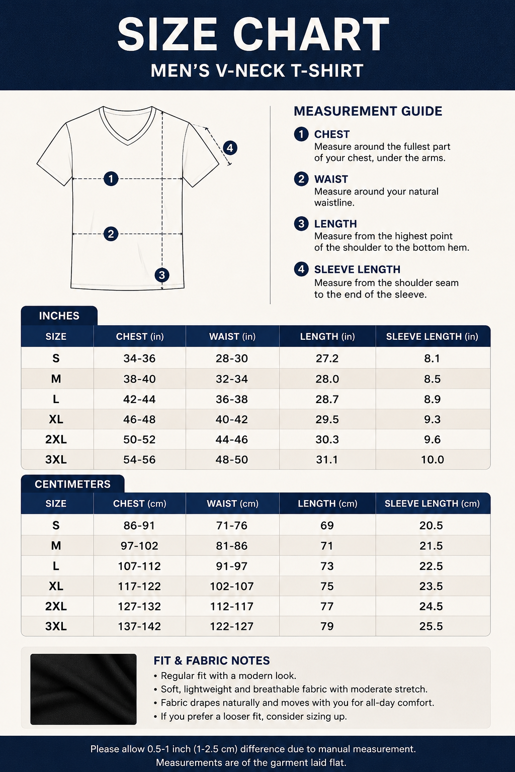 Men's deep V-neck T-shirt size chart