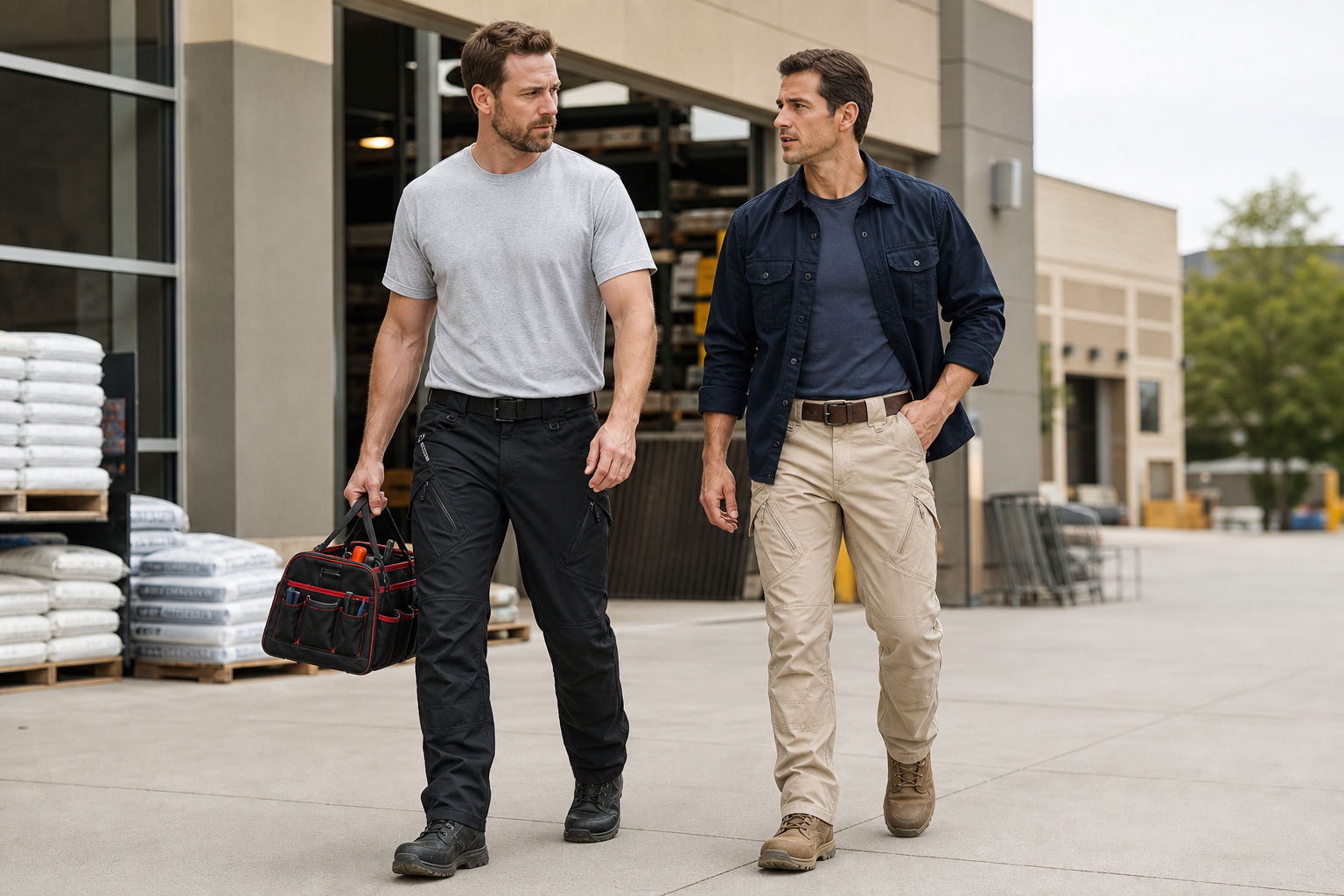 Two men wearing black and khaki lightweight work pants for everyday tasks