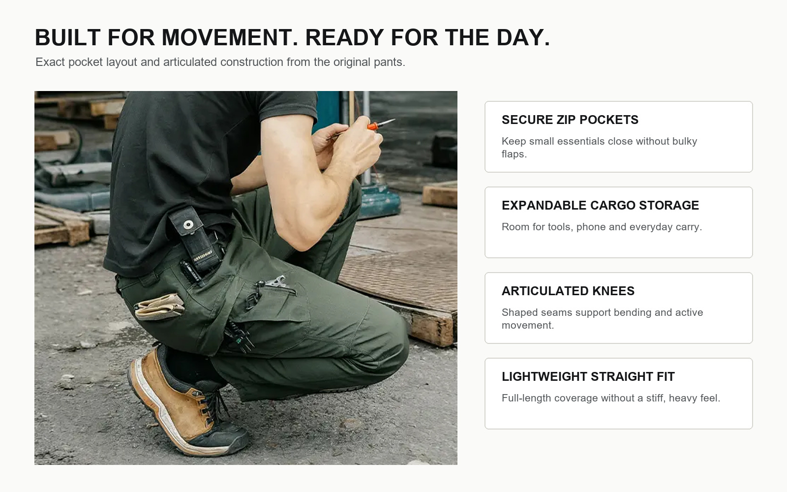 Close-up of the exact lightweight work pants pockets and articulated construction