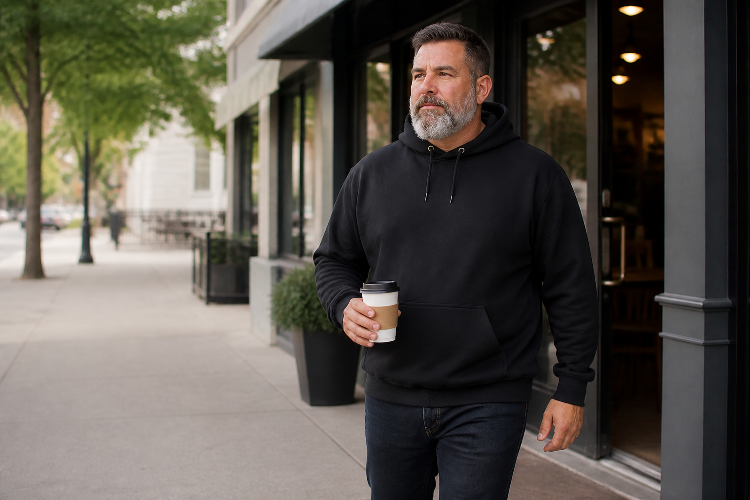 Man wearing a black solid pullover hoodie on a cool city morning