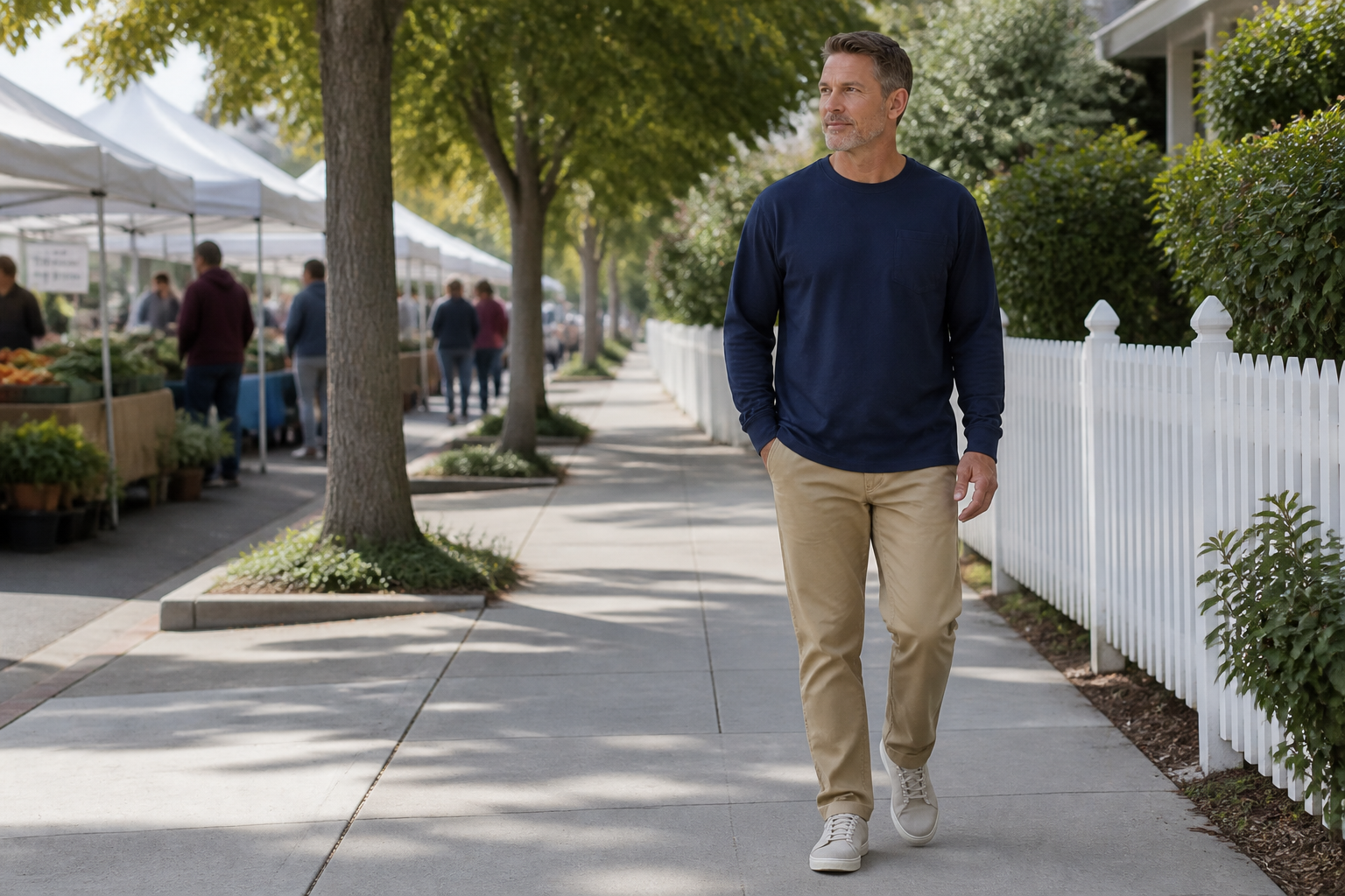 Man wearing a navy relaxed-fit long-sleeve pocket T-shirt on a weekend walk