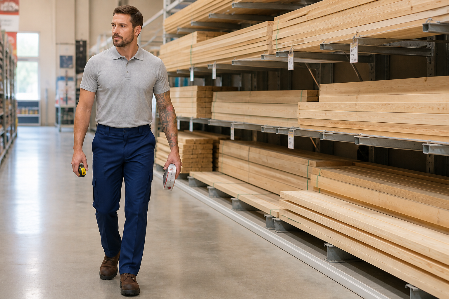 Man wearing brown stretch cargo work pants during an everyday errand