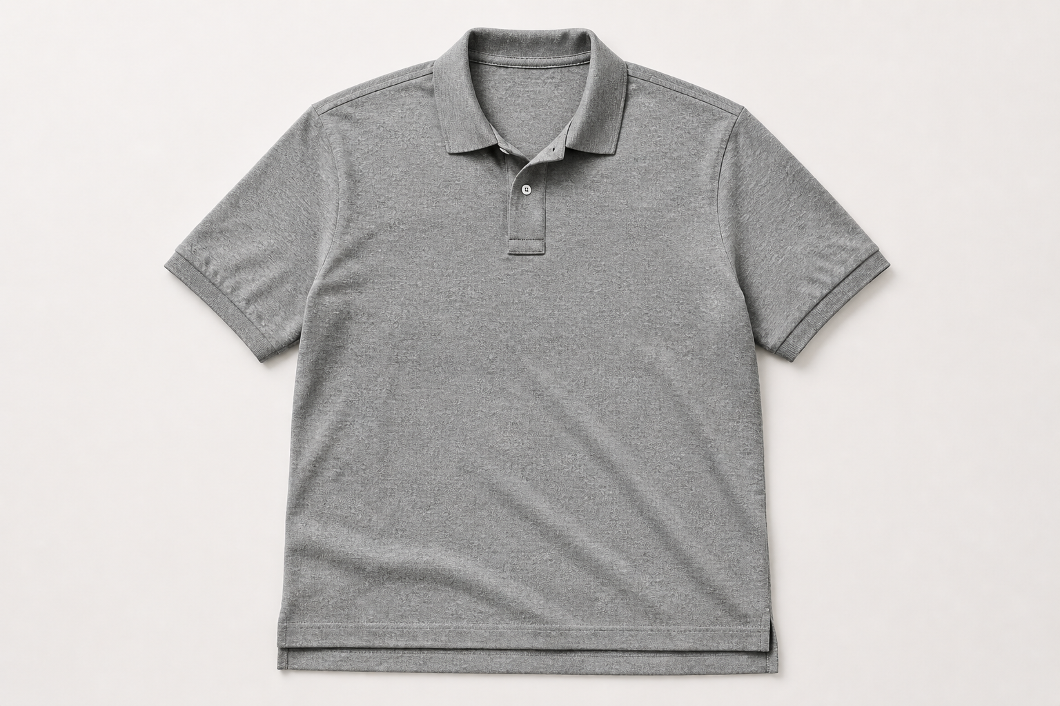 Heather gray classic mesh polo shirt flat lay showing collar, placket, sleeves and hem