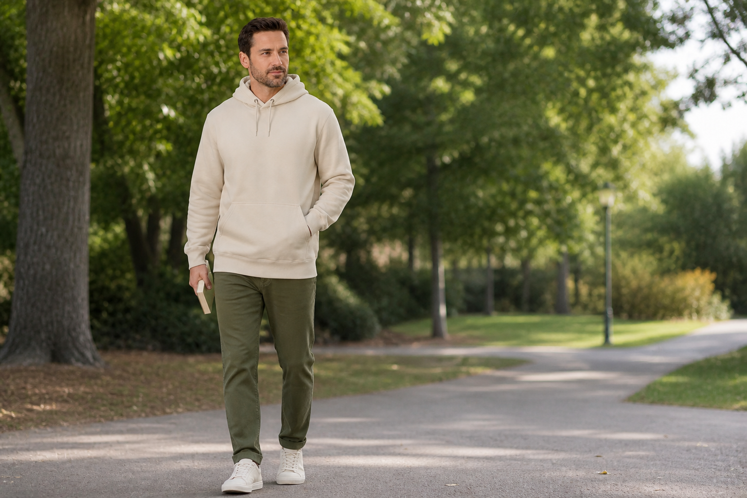 Man wearing a warm cream pullover hoodie during a relaxed park walk