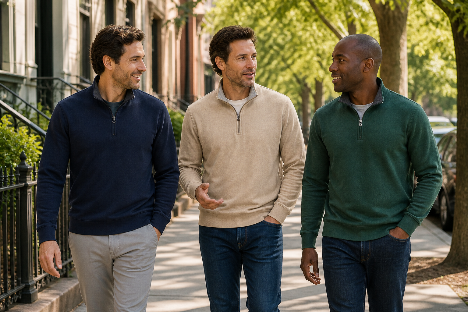 Three men wearing soft jersey quarter-zip pullovers in navy, oatmeal and forest green