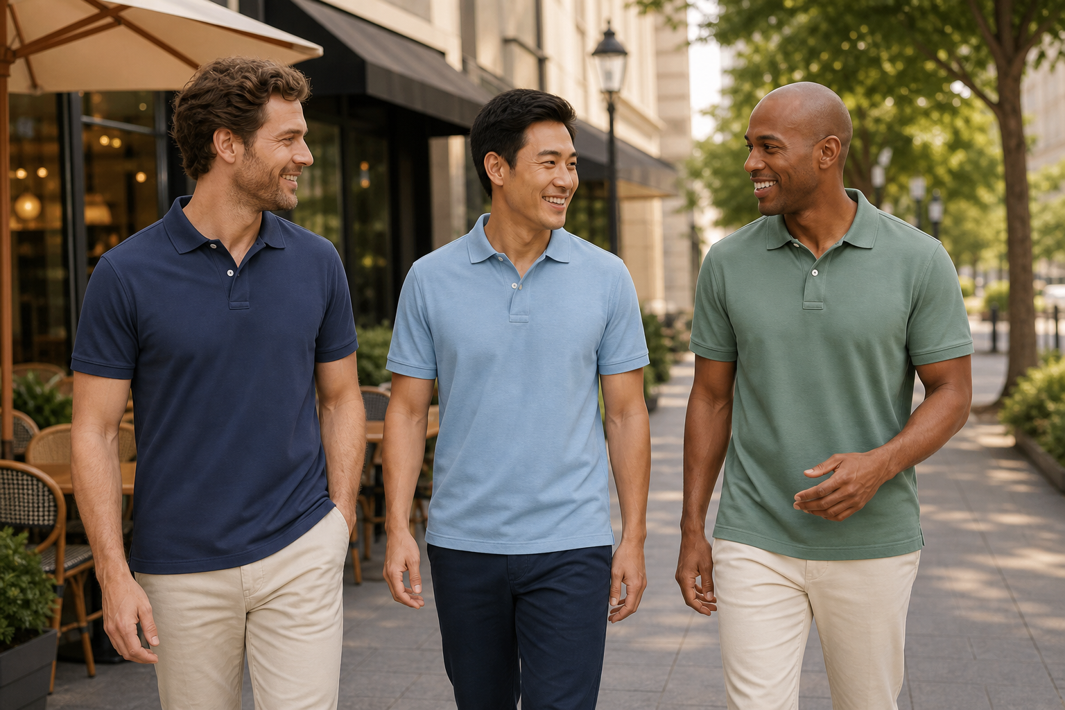 Three men wearing classic mesh polo shirts in navy, light blue and muted green