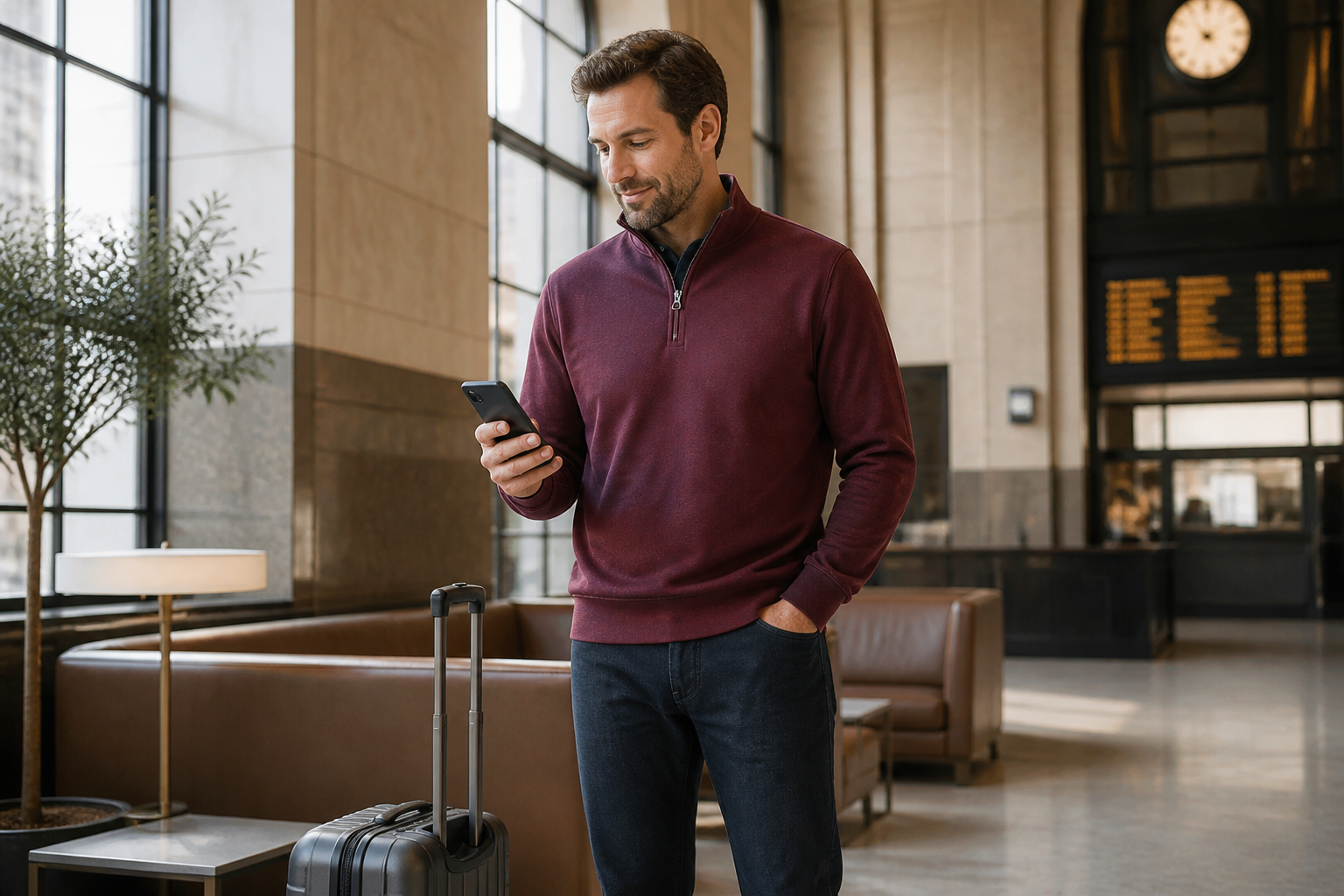 Man wearing a burgundy soft jersey quarter-zip pullover while traveling