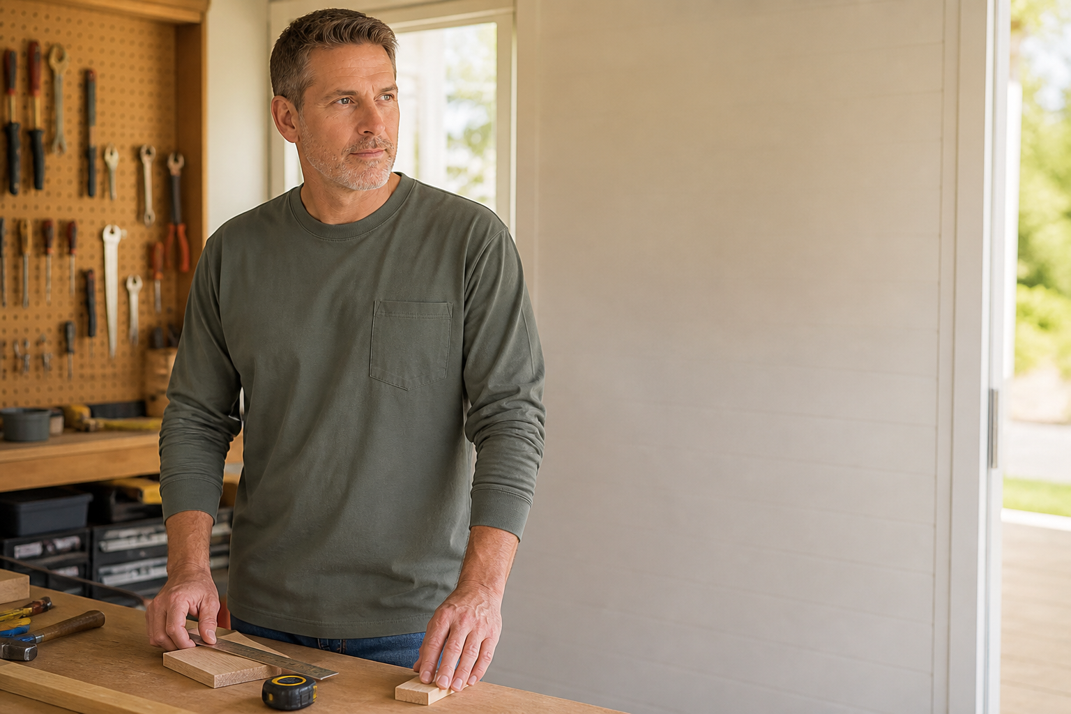 Man wearing a muted olive relaxed-fit long-sleeve pocket T-shirt in a home workshop