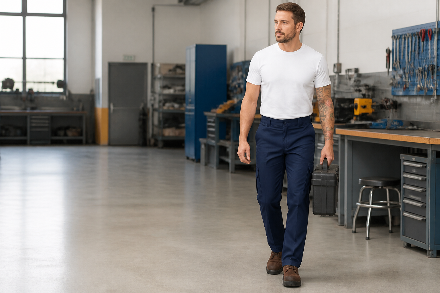 Man wearing navy stretch cargo work pants in a maintenance workshop