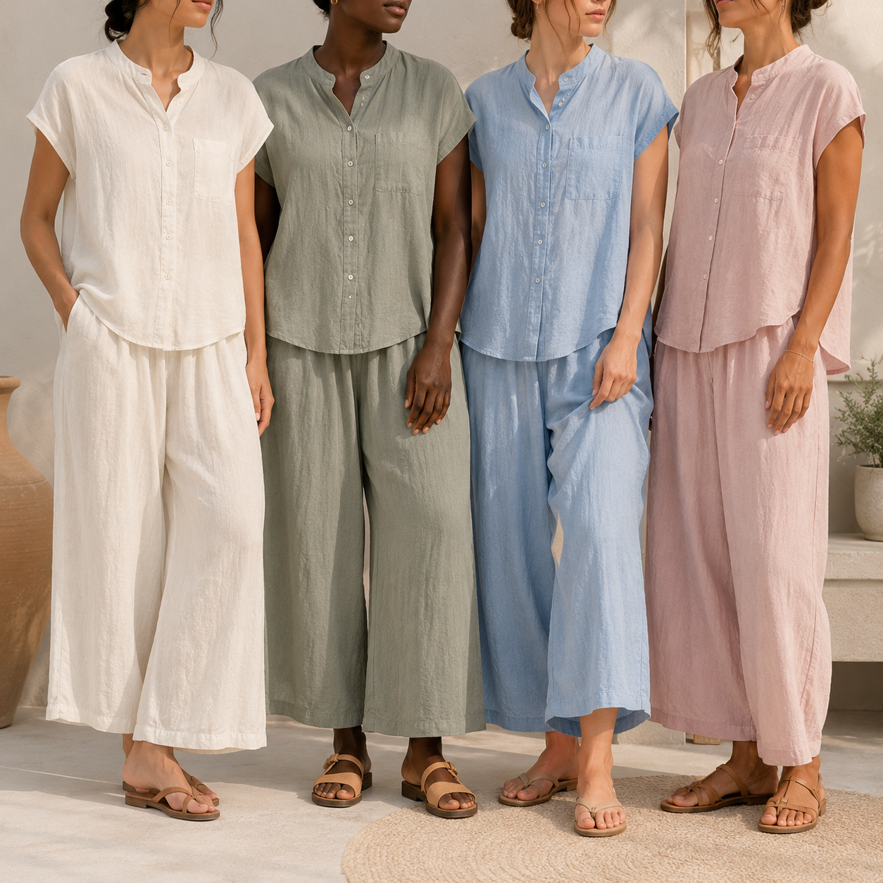 Four adult models wearing relaxed two-piece sets in assorted colors