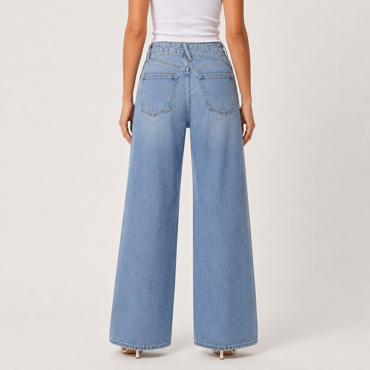 Back view of wide leg denim jeans