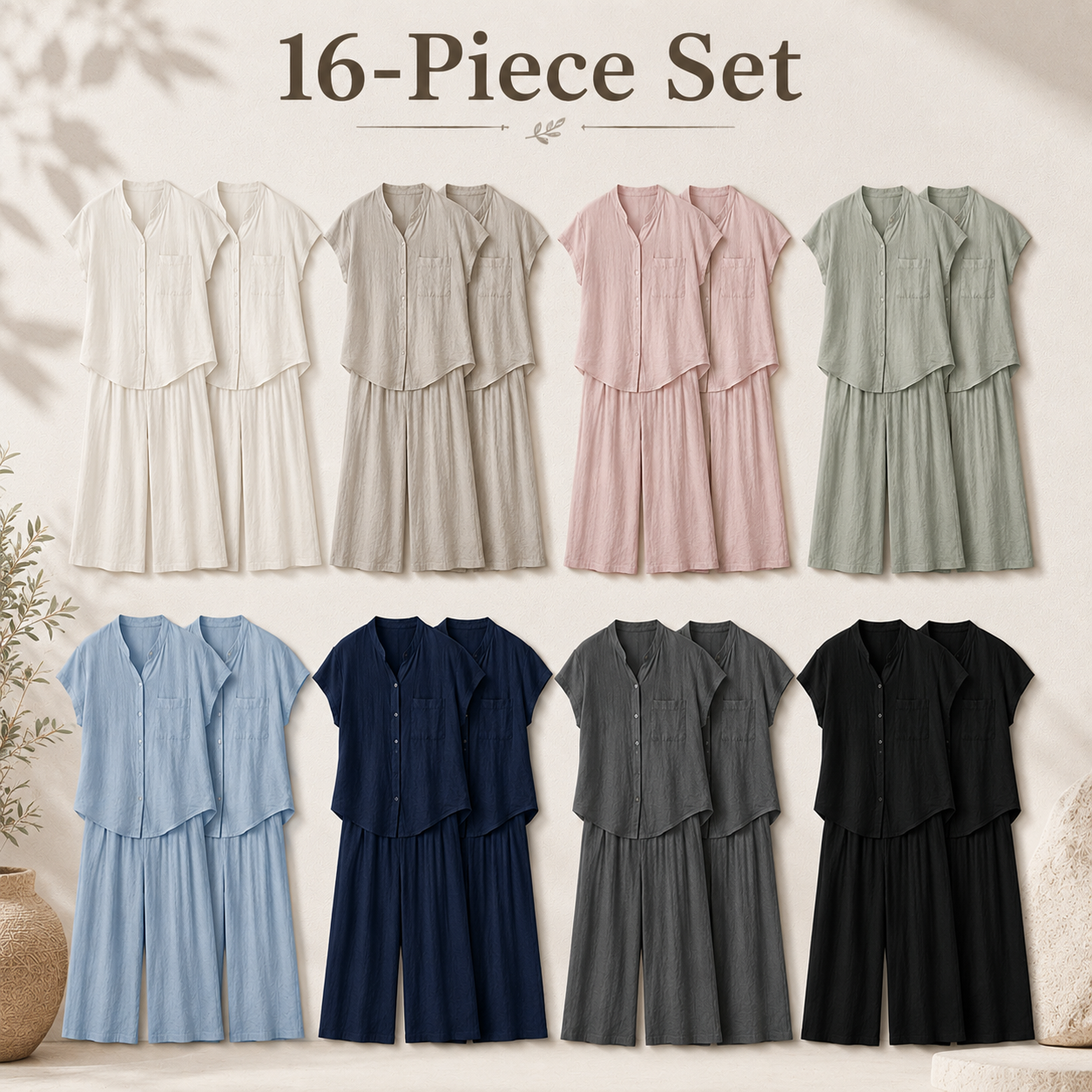 Mixed 16-Pack package image for relaxed linen-look two-piece sets